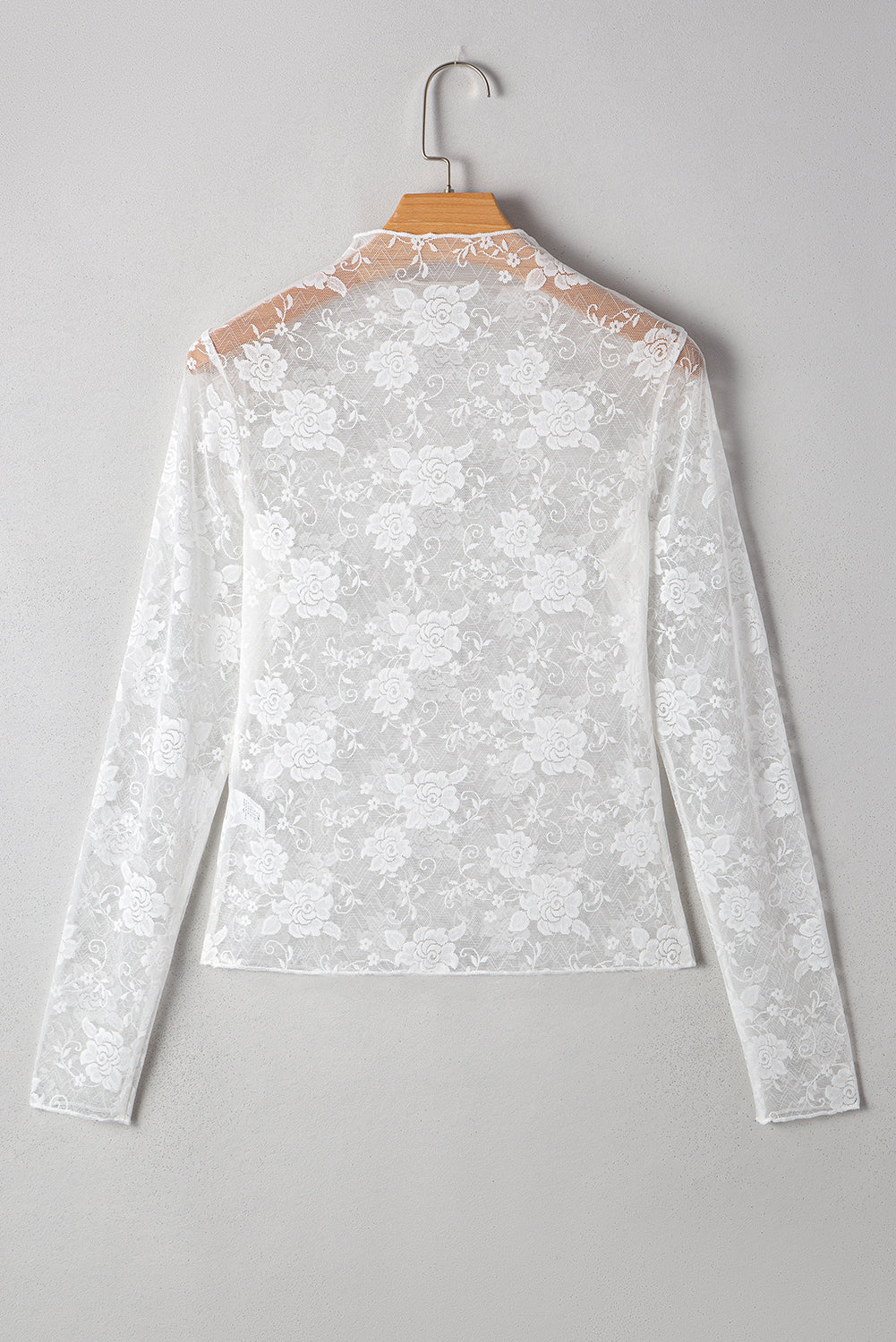 Apricot Pink Mock Neck Floral Lace Mesh Long Sleeve Top - eAura