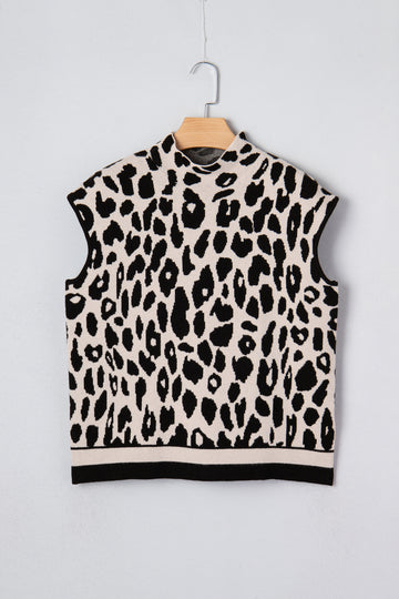 Leopard Print High Neck Short Sleeve Sweater