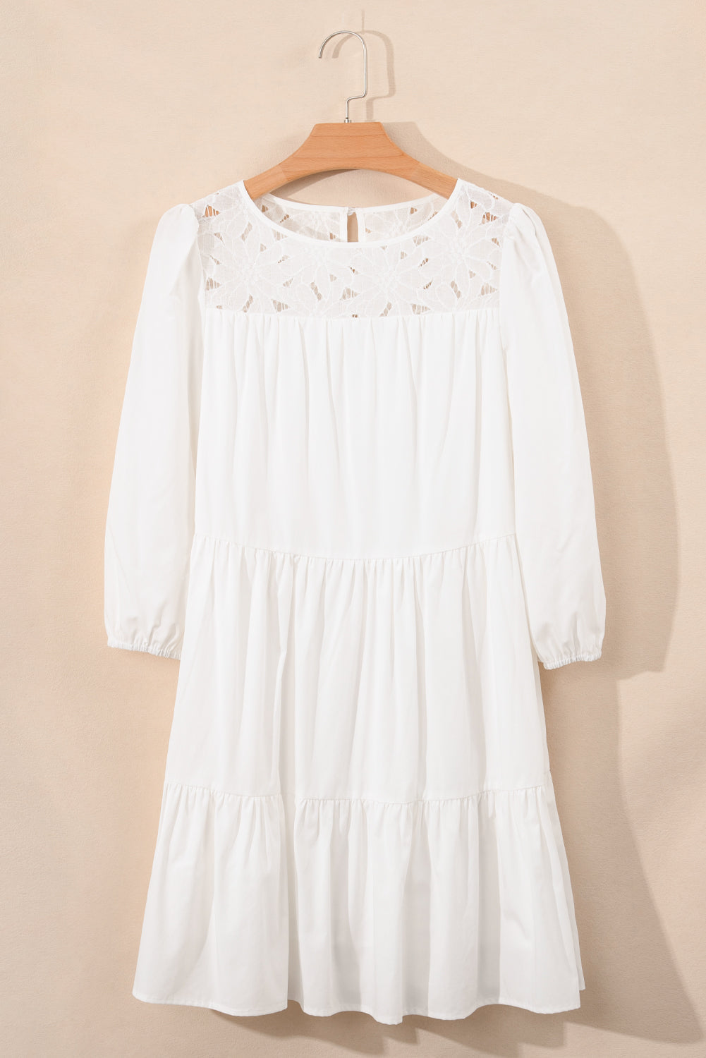 White Floral Lace Patchwork Bracelet Sleeve Tiered Mini Dress Beagle Boutique Fashion Outlet