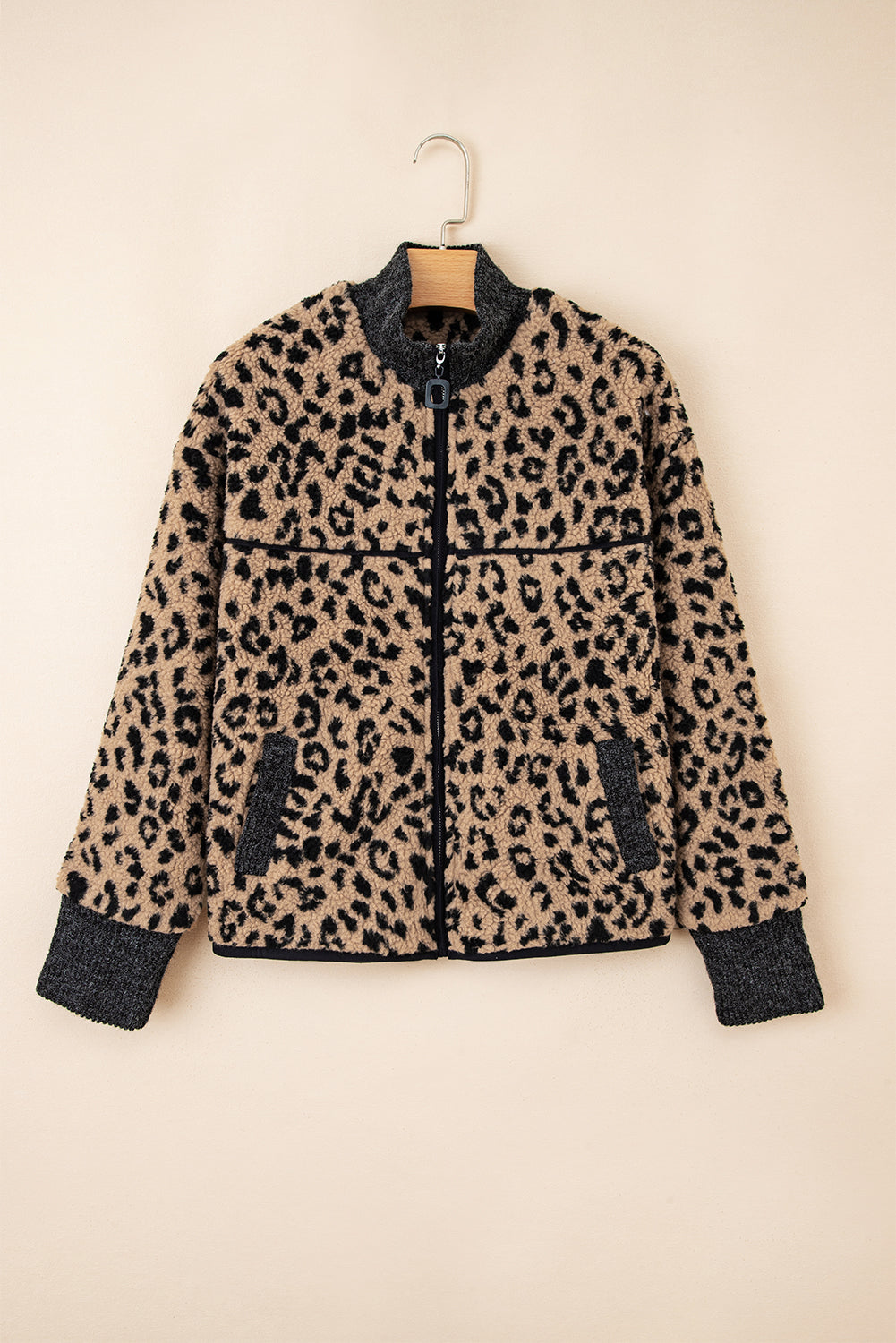 Leopard Print Zip-up Stand Neck Side Pocket Jacket eAura