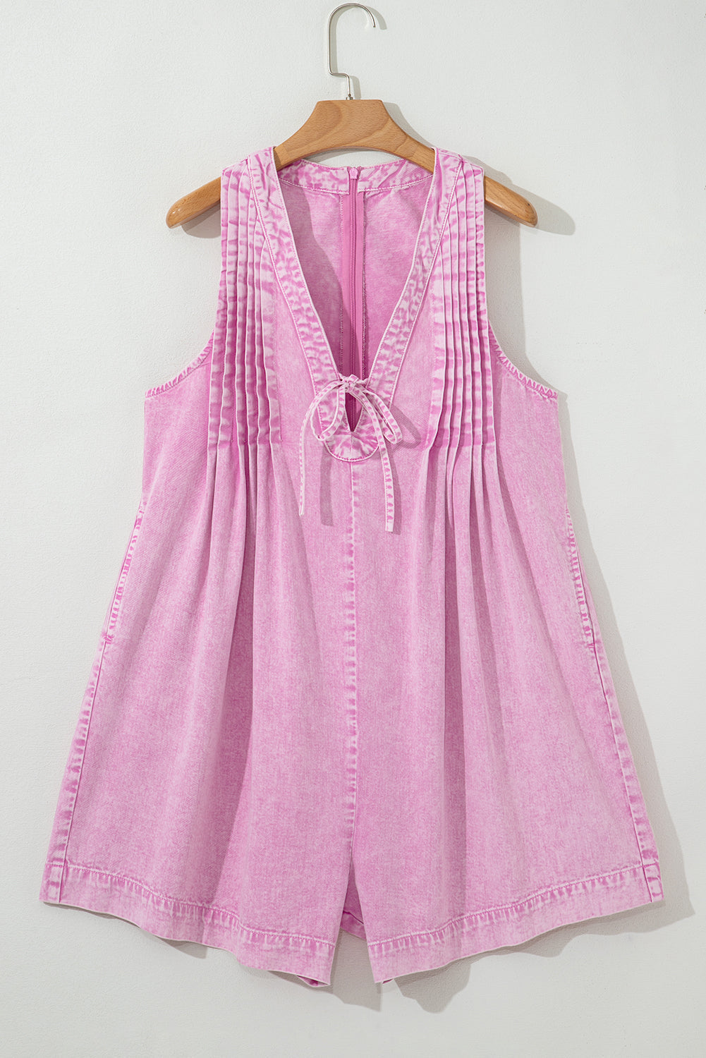 Mineral Wash Pleated Bust V Neck Sleeveless Denim Romper eAura