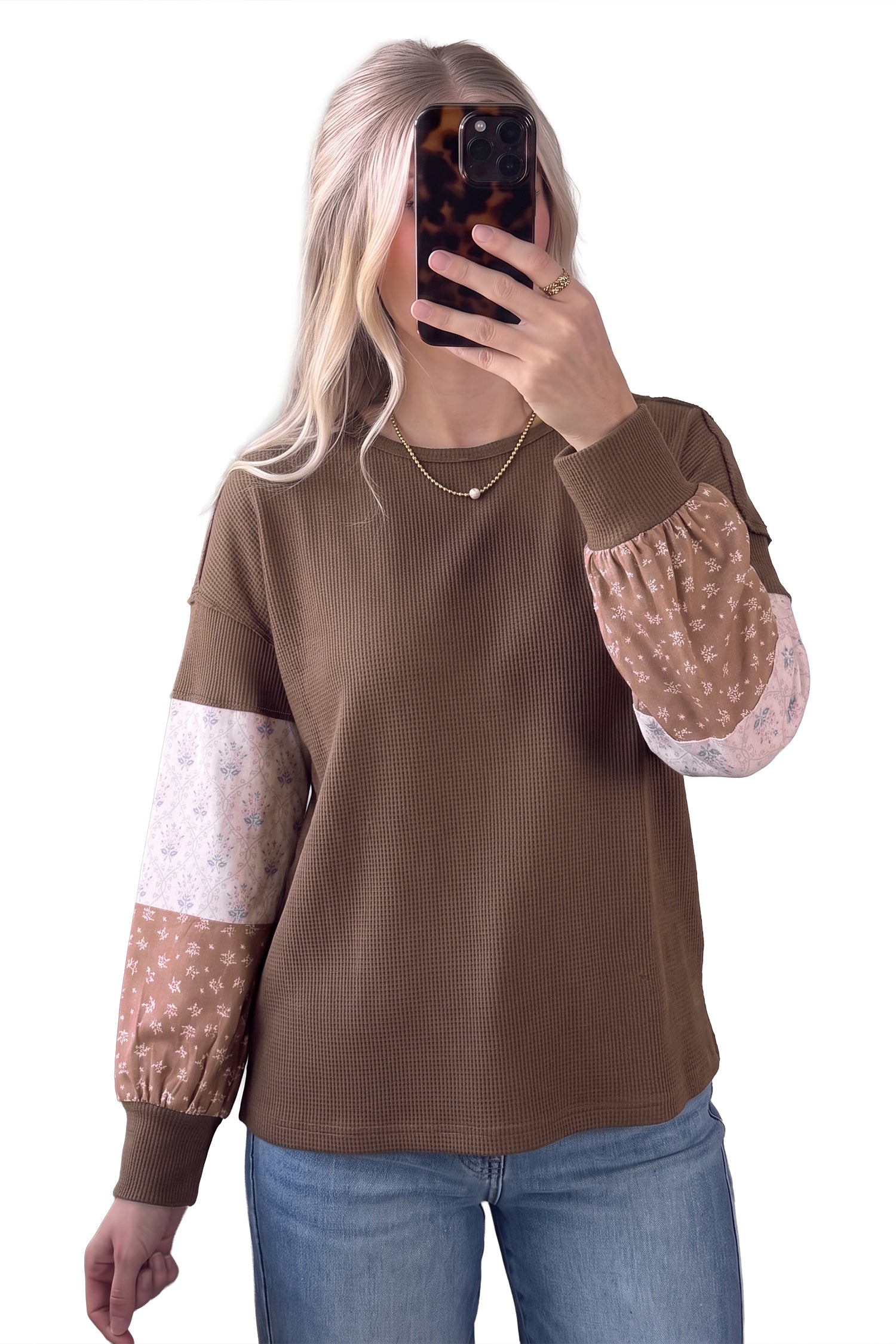 Coffee Floral Print Colorblock Long Sleeve Textured Loose Pullover Tunic Top – Brown