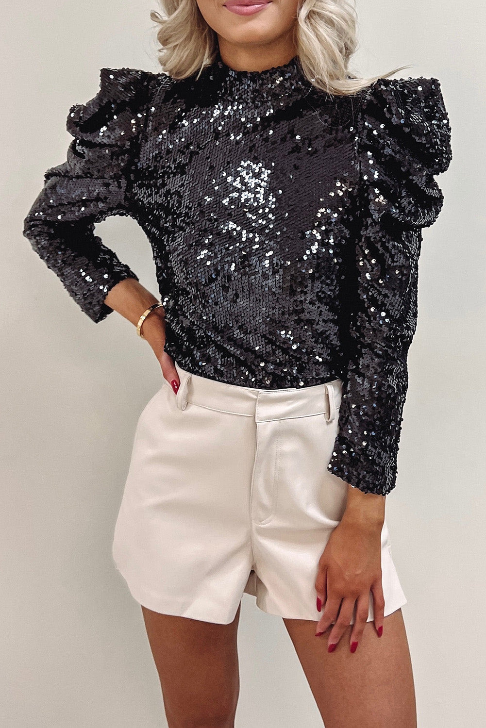 Apricot Sequin Mock Neck Bubble Sleeve Top eAura