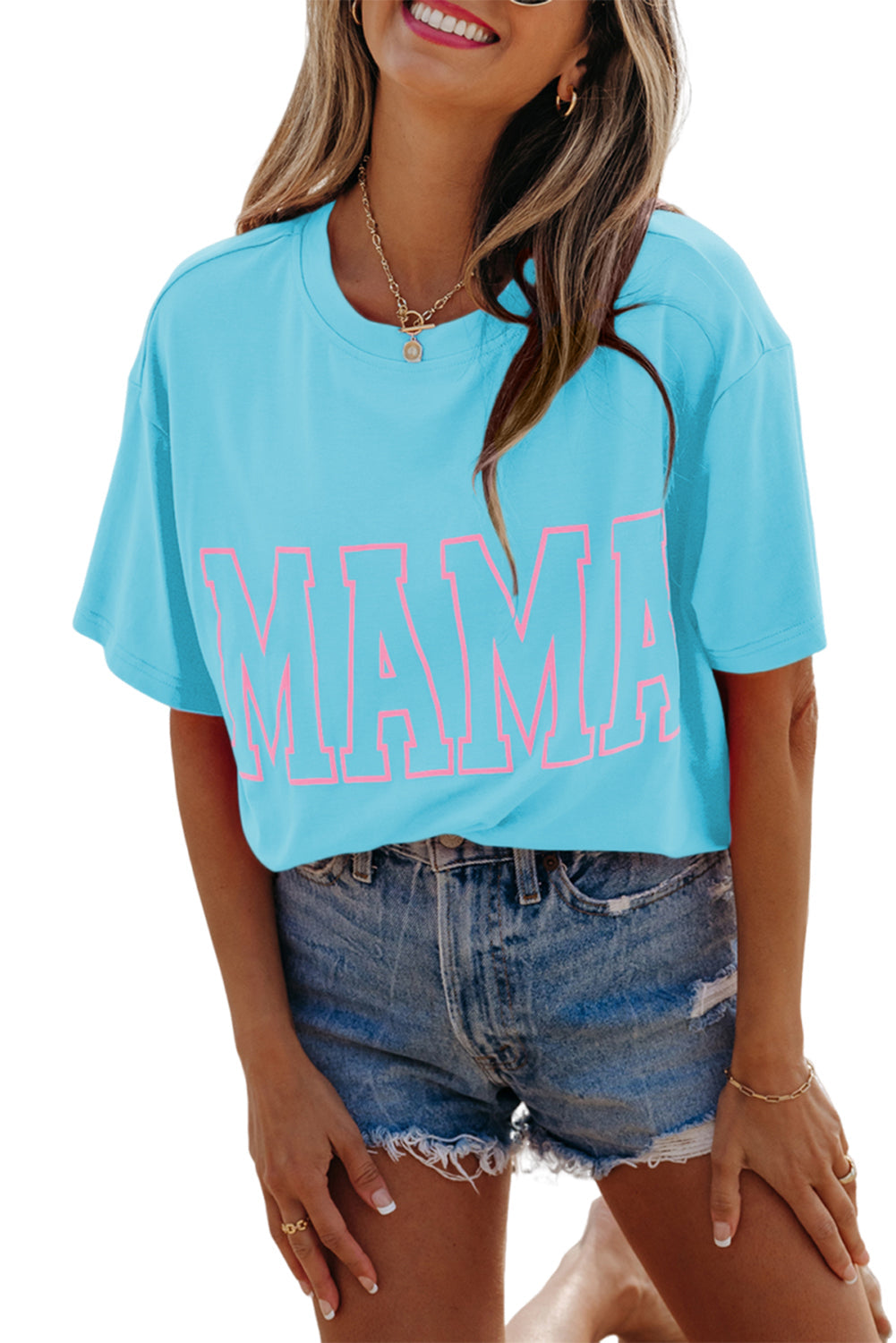 Light Blue MAMA Letter Graphic Neon T Shirt - eAura