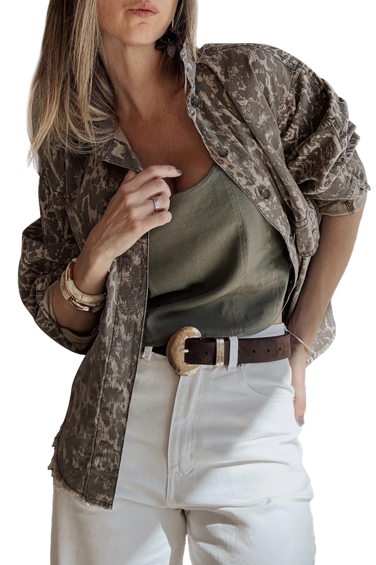 Abstract Print Long Sleeve Collar Raw Hem Denim Jacket – Khaki