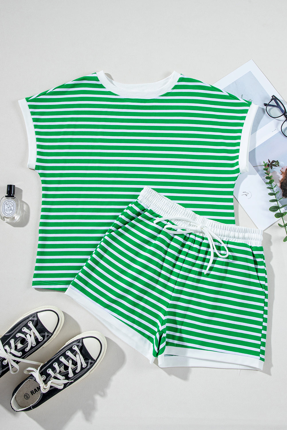 Dark Green Striped Cap Sleeve Tee and Shorts Set eAura