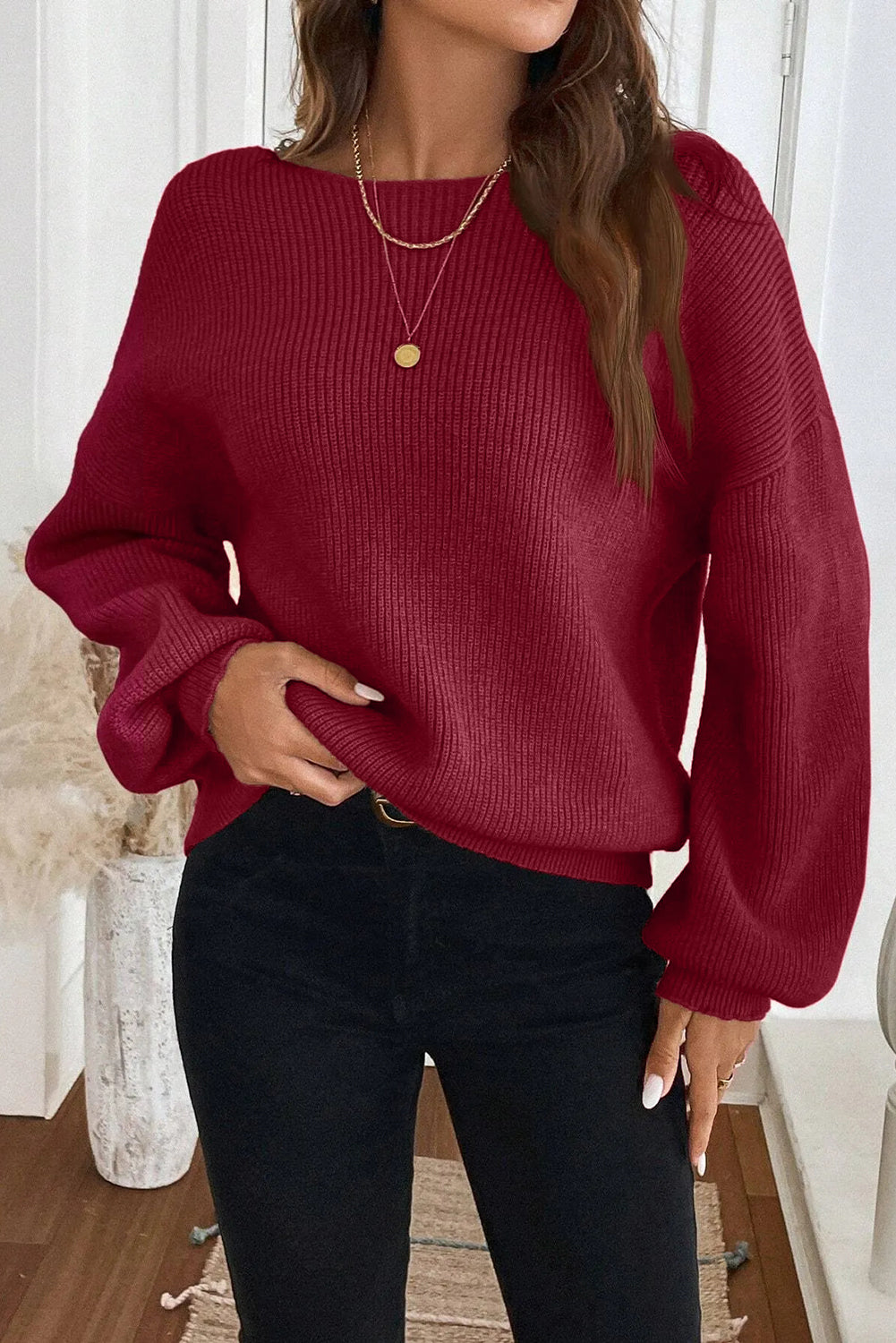 Rib Knit Ribbon Knot Backless Drop Shoulder Sweater - eAura
