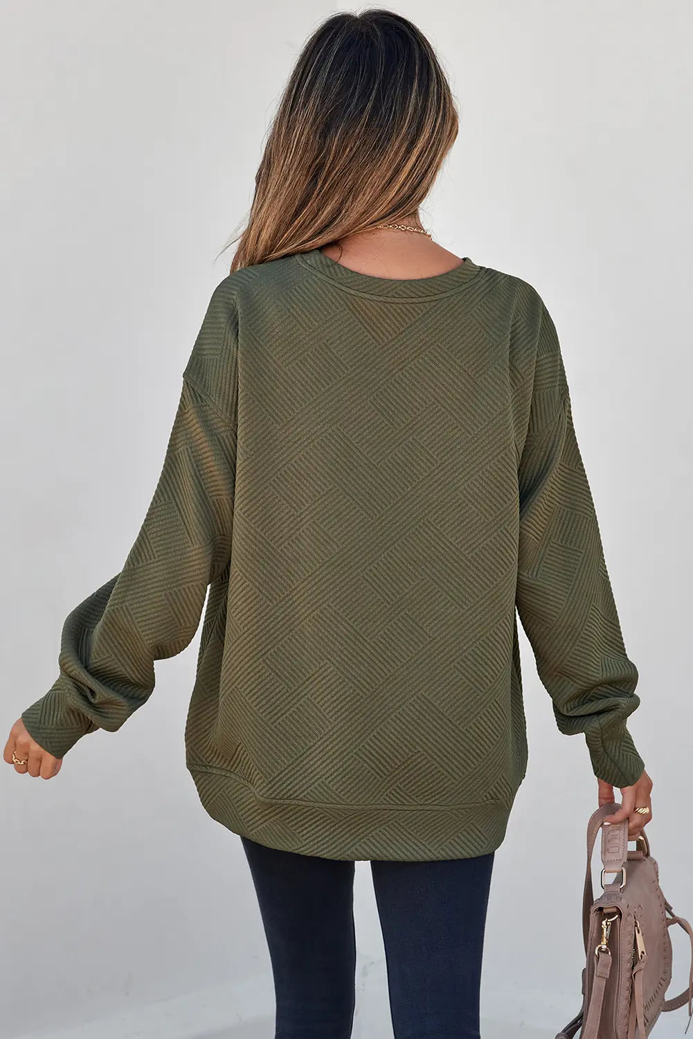 Jungle Solid Colour Textured Round Neck Drop Shoulder Pullover Sweatshirt – Green