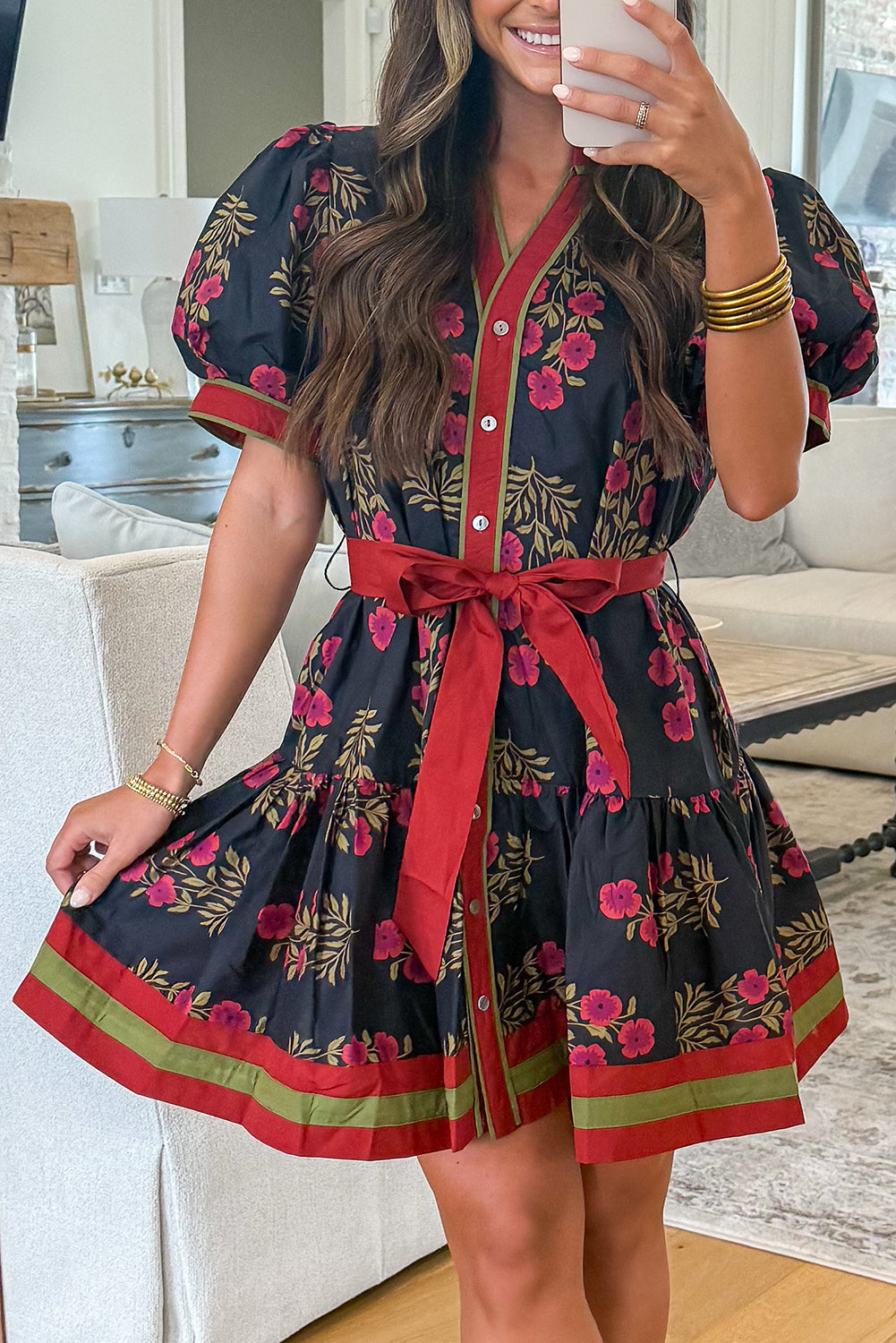 Black Retro Floral Print Button Down Belted Short Puff Sleeve Mini Dress