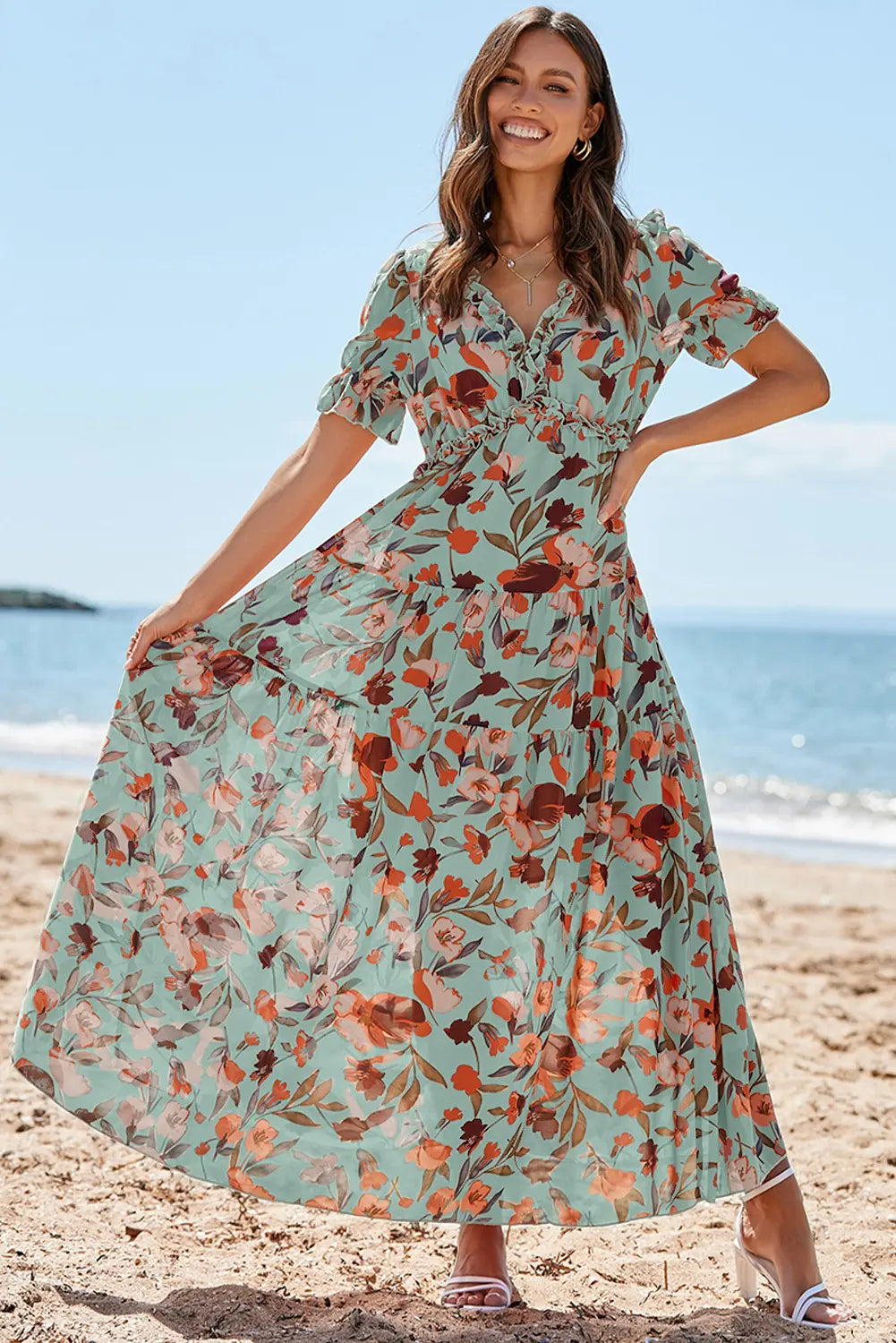 Floral Print Frilled V-Neck Short Sleeve Maxi Dress