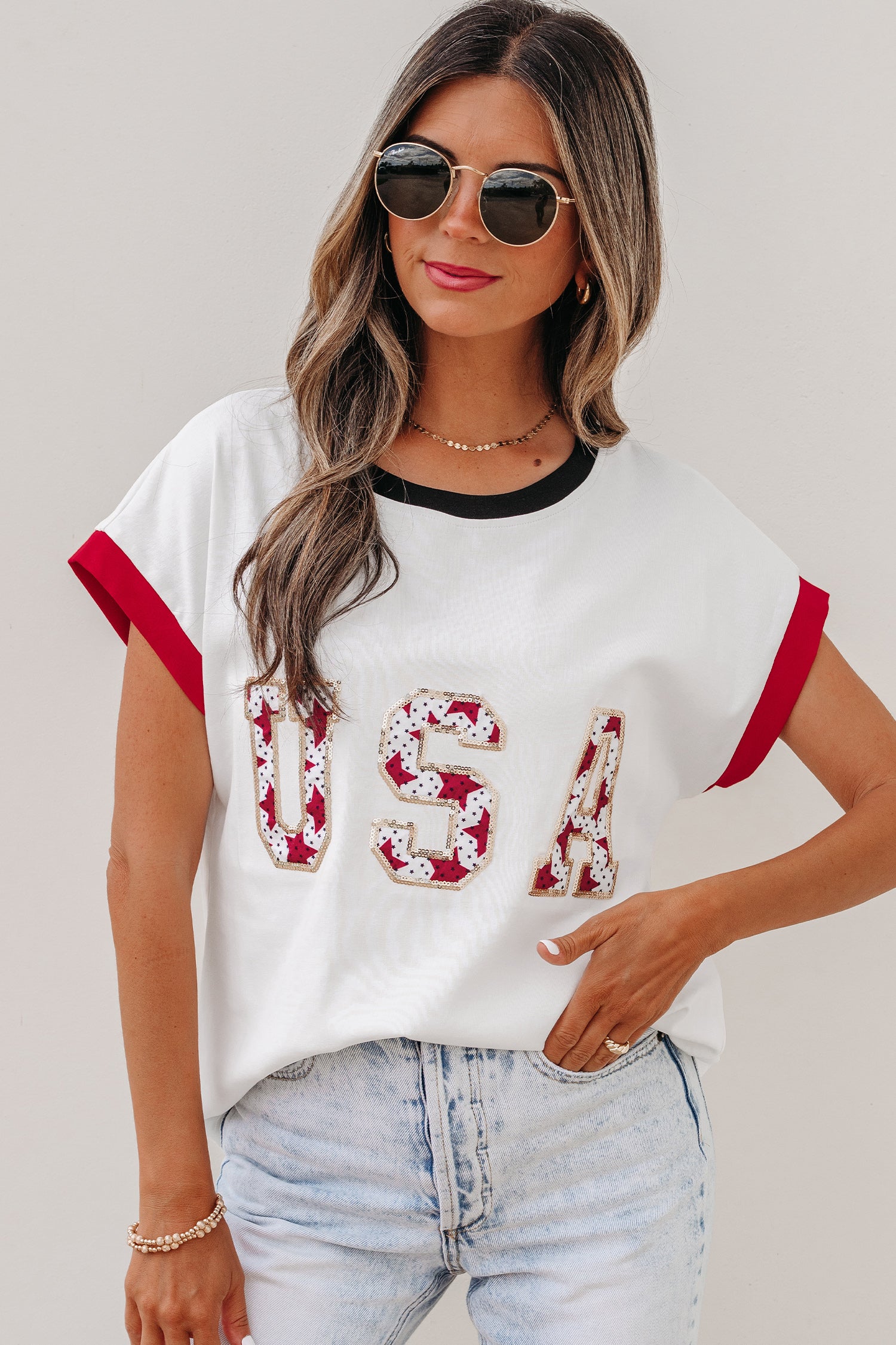 USA Sequin Colour Block Loose T-Shirt