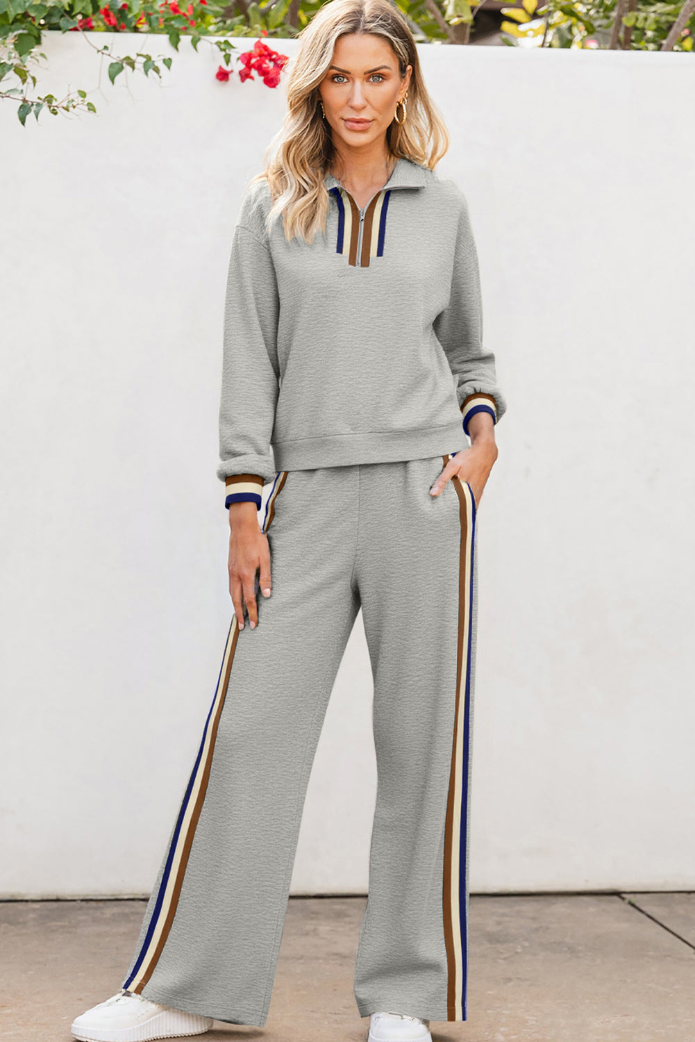 Striped Patchwork Quarter Zip Pullover Loose Trousers Co-ord set - eAura
