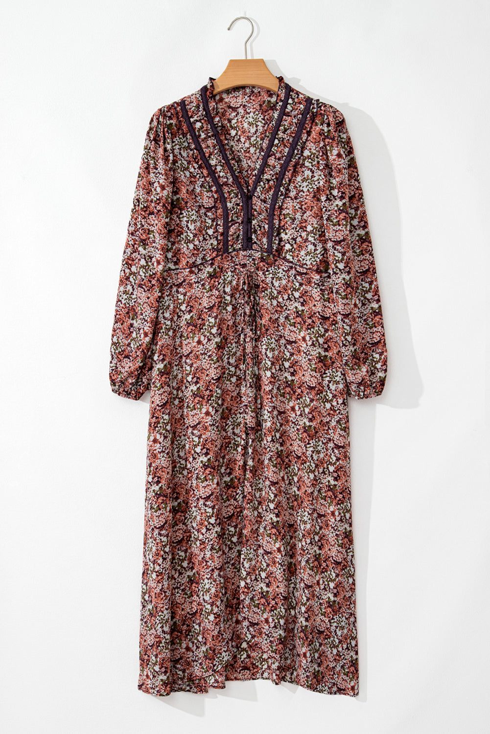 Brown Floral Print Split Front Tiered Frilled V Neck Midi Dress eAura