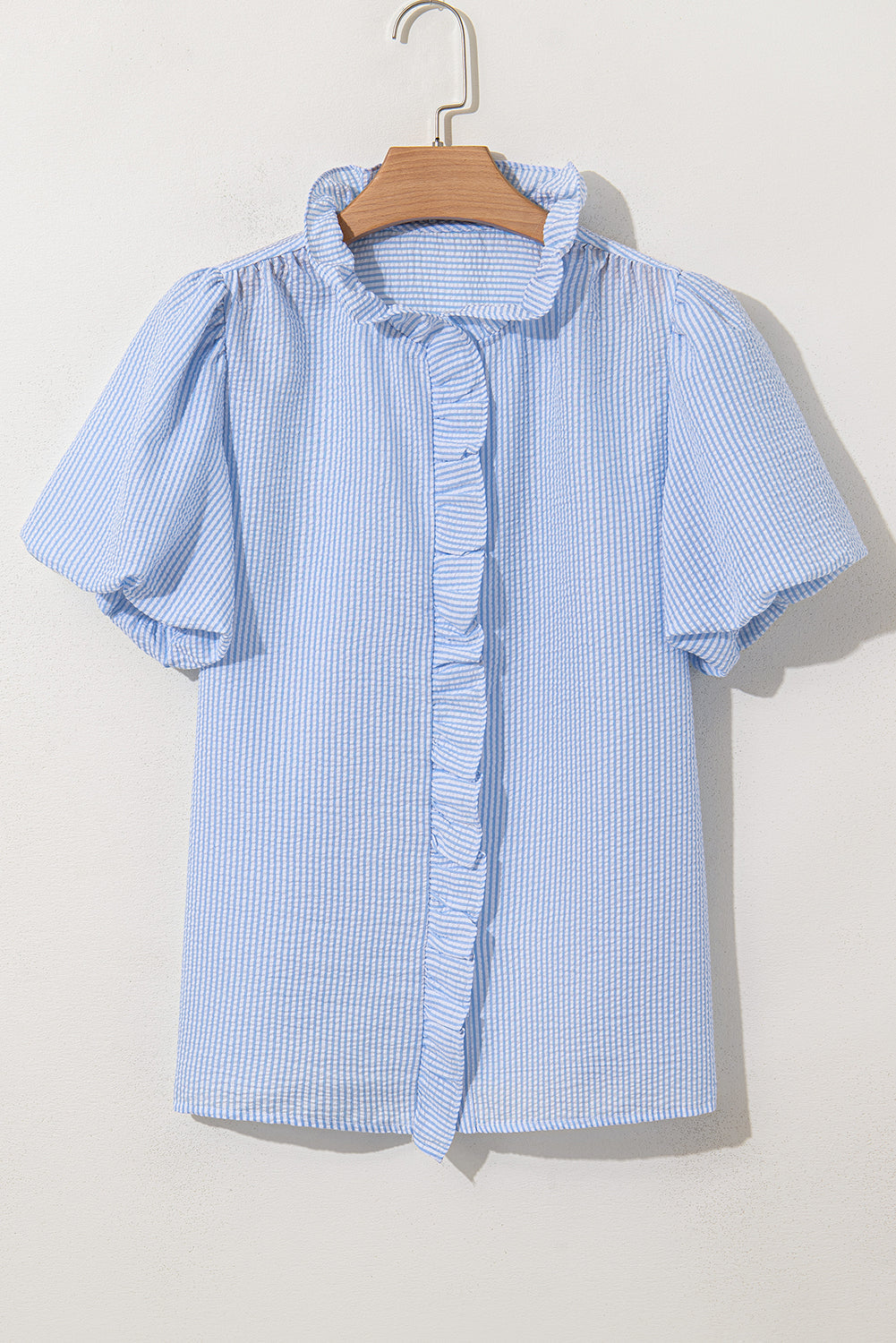 Striped Ruffle Short Bubble Sleeve Shirt eAura