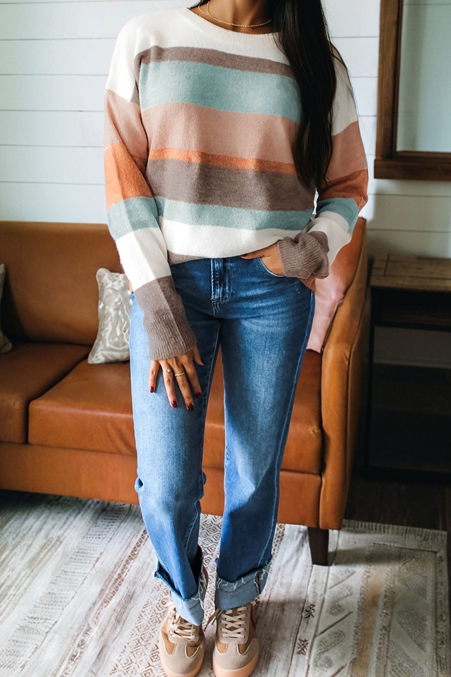 Striped Knit Drop Shoulder Sweater - eAura