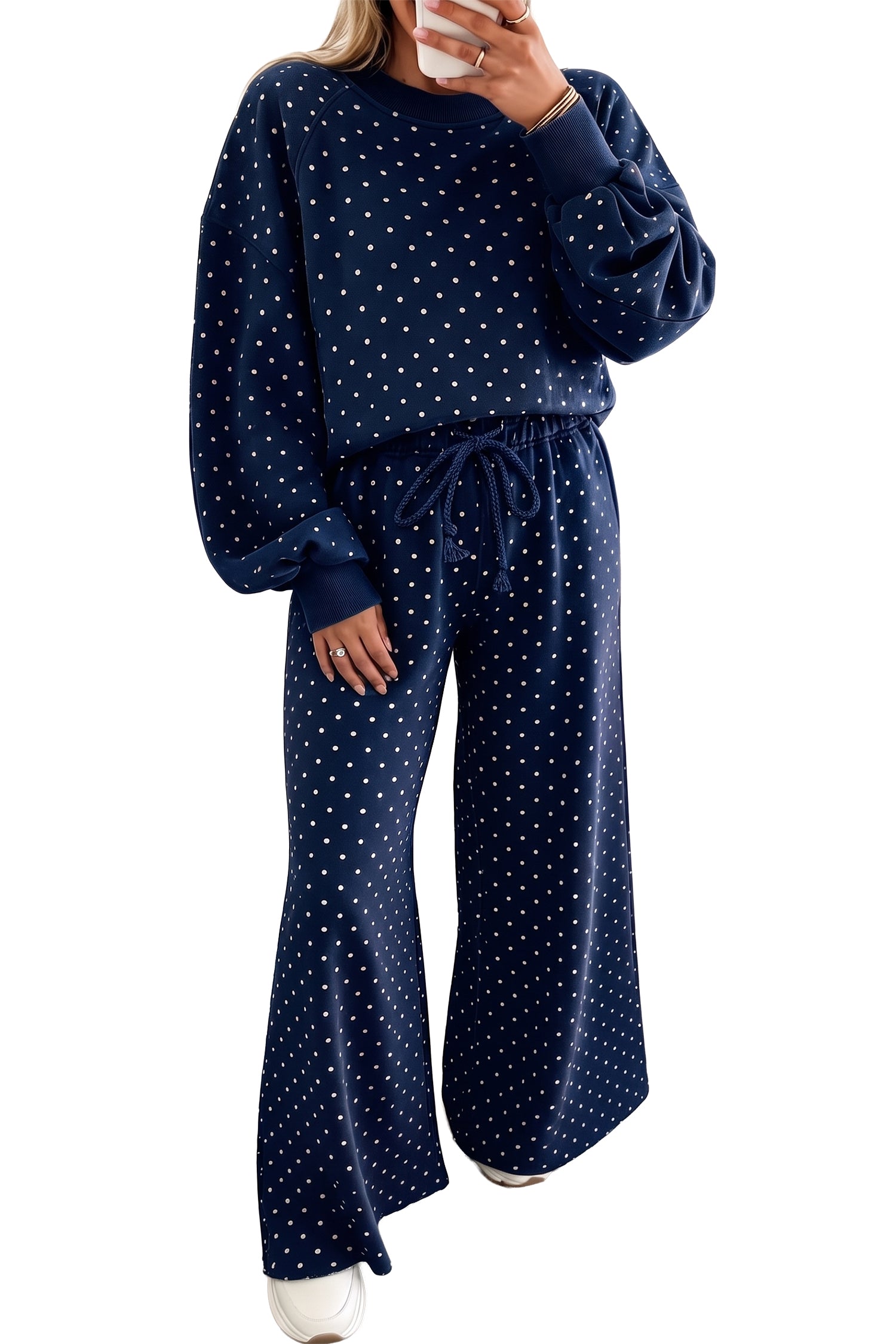 Polka Dot Drawstring Wide Leg Long Sleeve Top Pant Set – Red