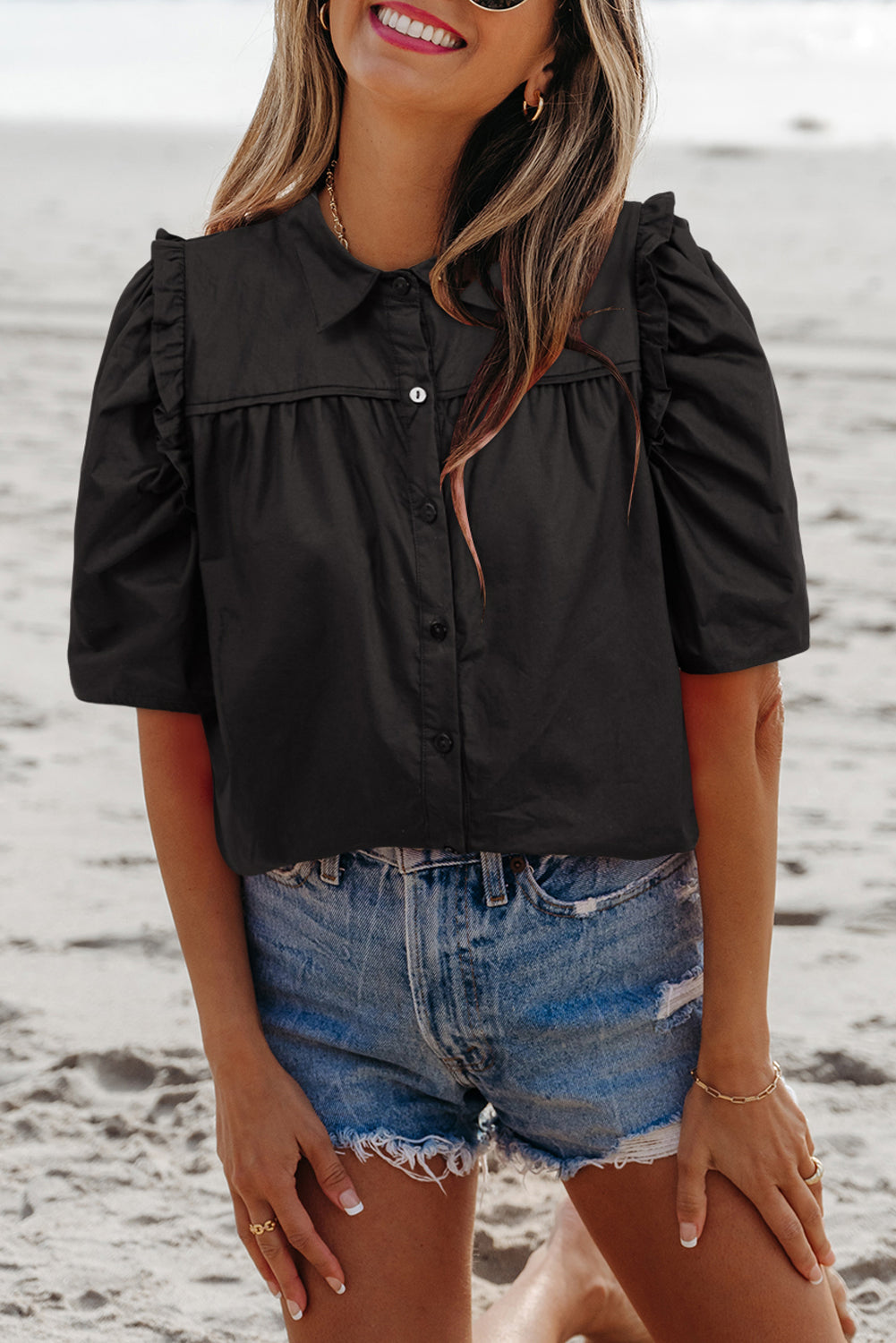 Black Ruffled Puff Sleeve Stylish Collared Shirt eAura