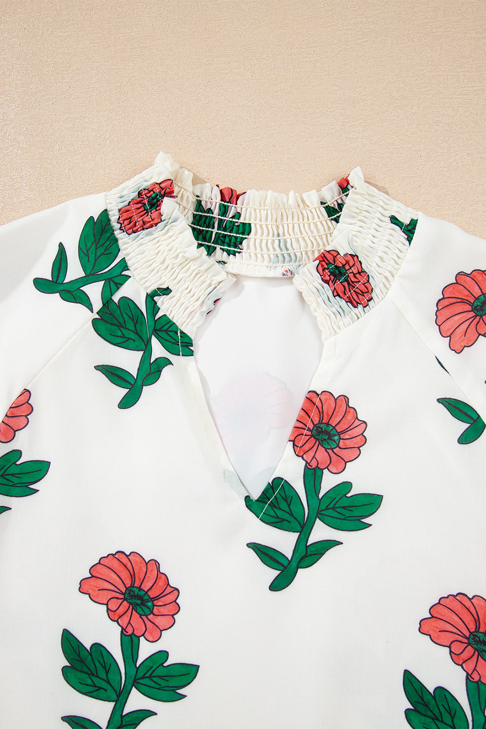 Beige Floral Print Shirred Split Neck Short Sleeve Blouse eAura