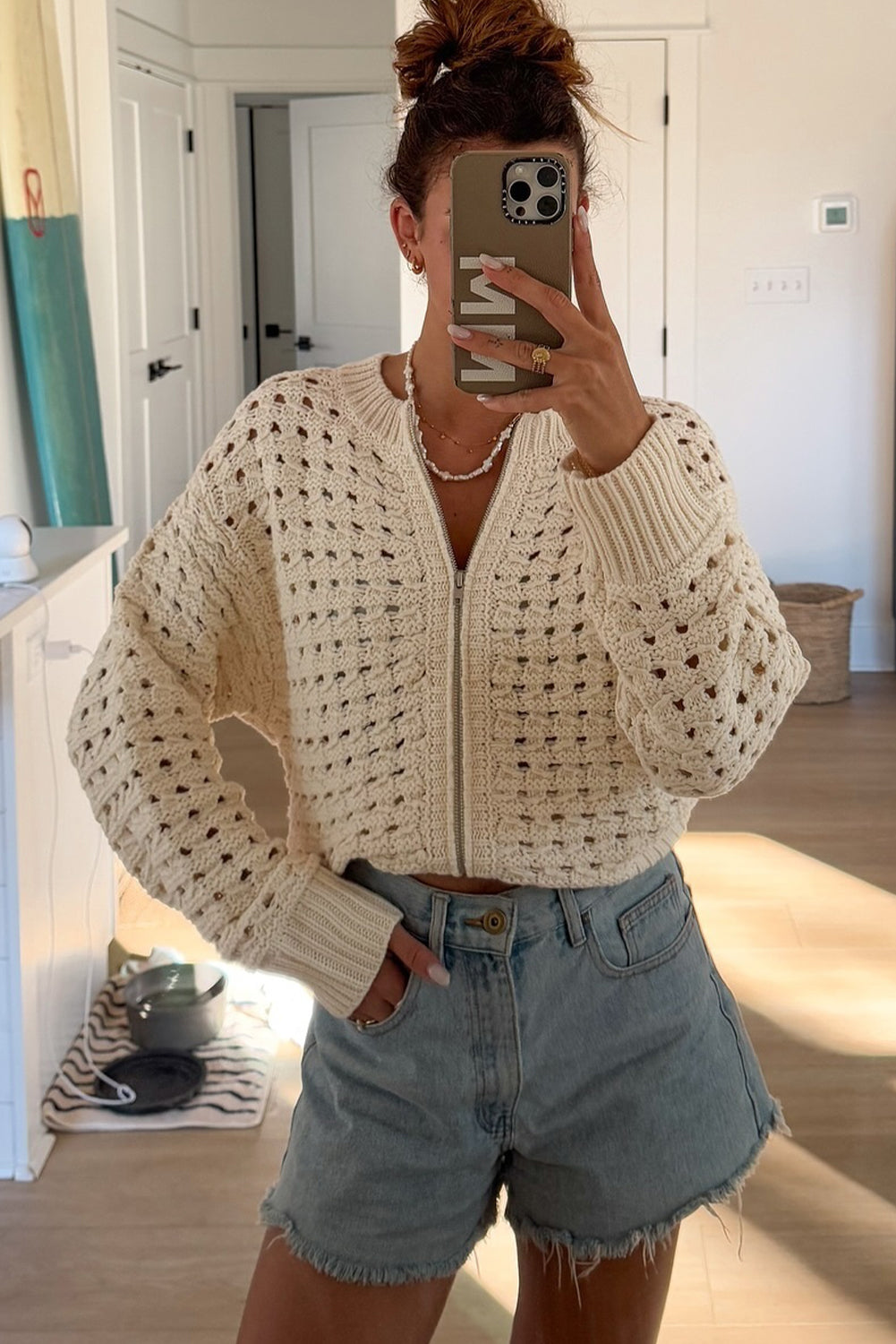 Beige Hollowed Pattern Knit Zip-Up Drop Shoulder Sweater Cardigan - eAura