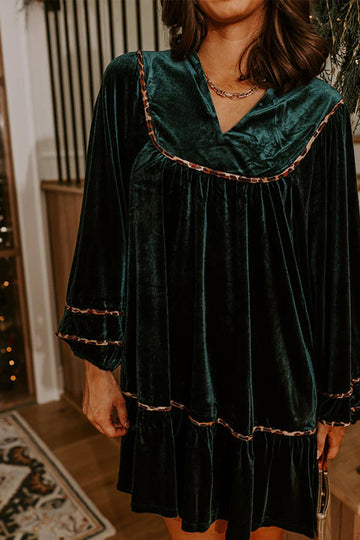 Leopard Trim Velvet Long Sleeve Shift Dress – Blackish Green