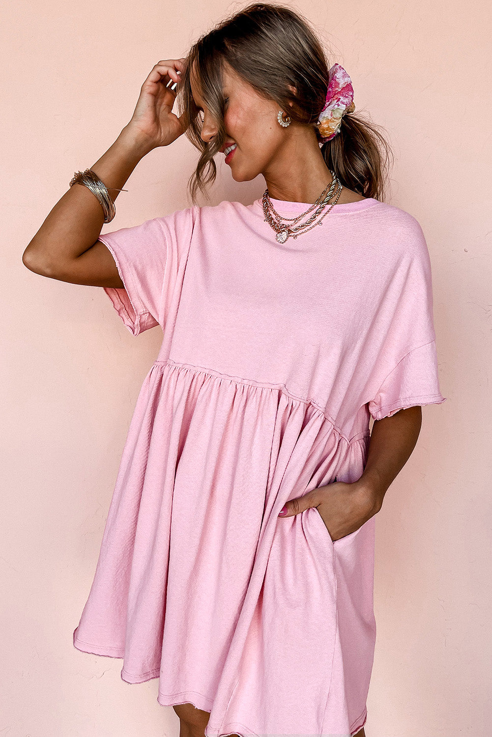 Pocketed Raw Edge Babydoll Dress eAura
