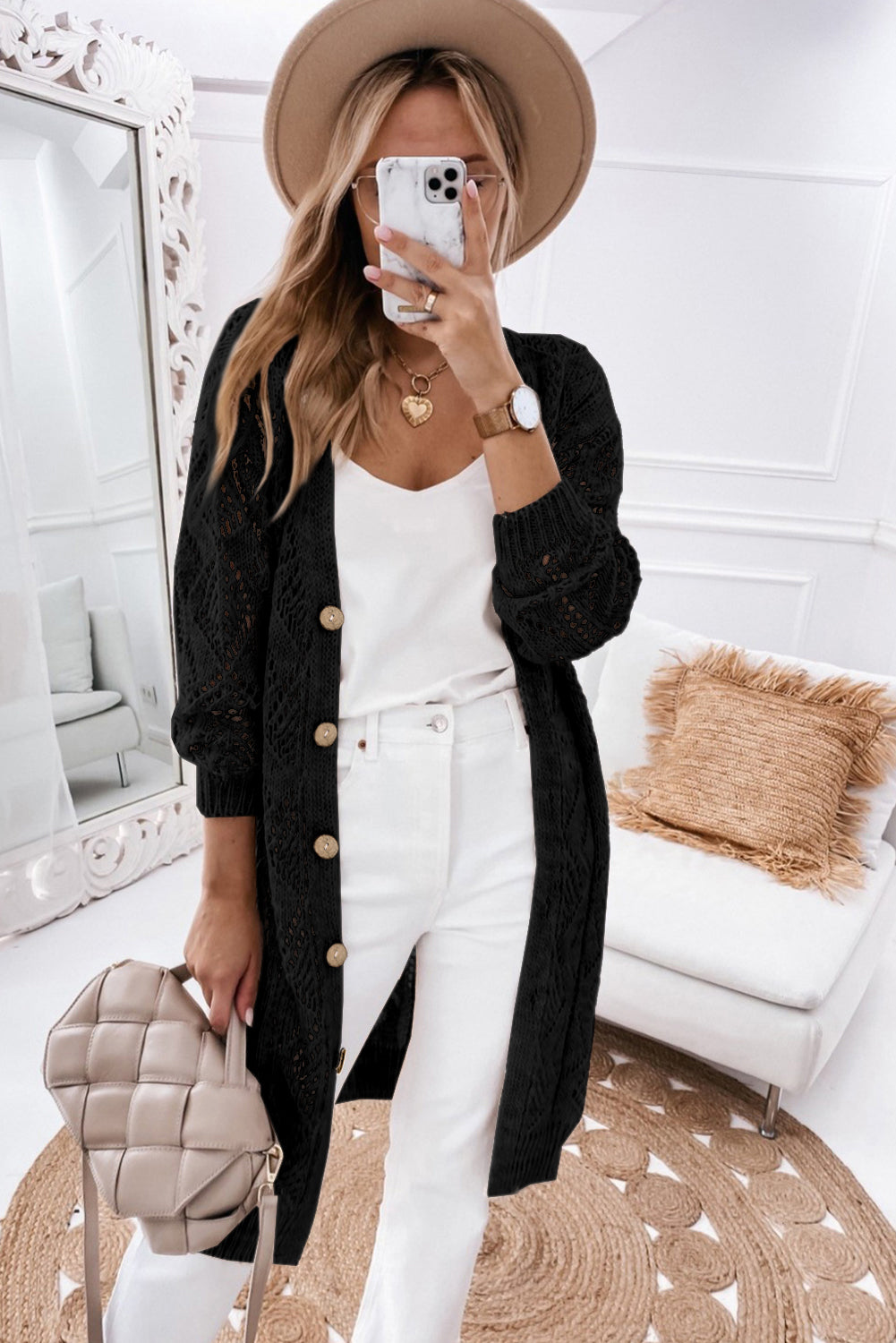 Black Hollow-out Openwork Knit Cardigan eAura