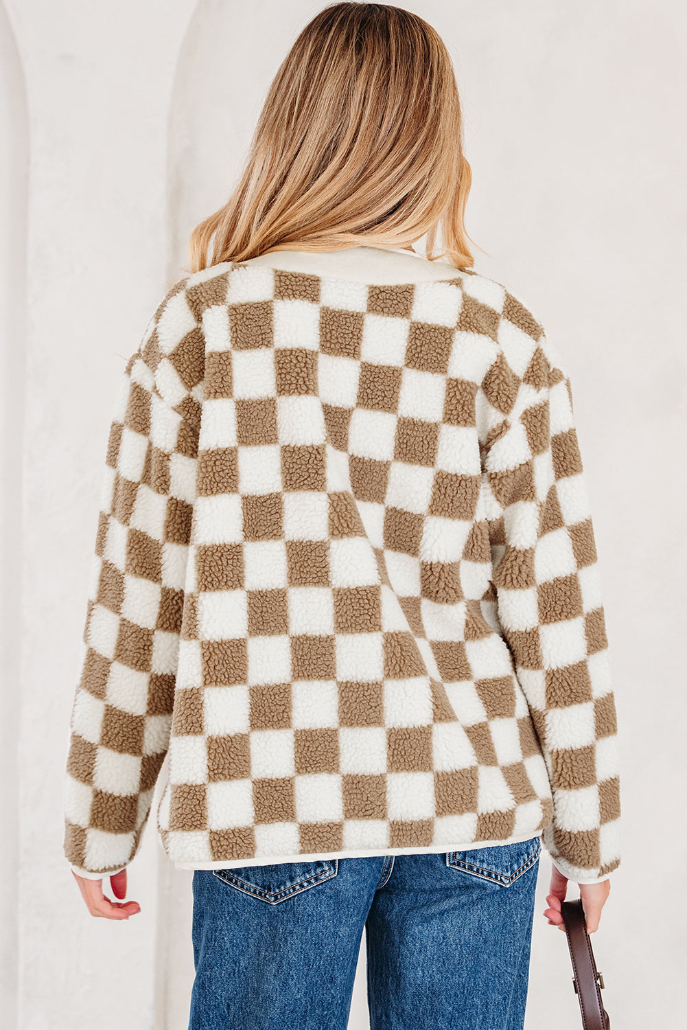 Brown Checkered Sherpa Buttoned Front Chunky Jacket - eAura