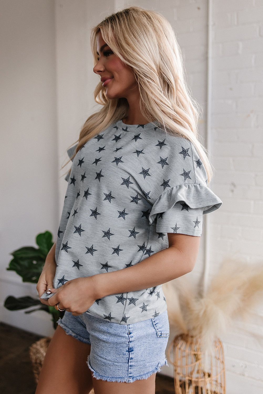 Grey Star Print Ruffled Sleeve T Shirt eAura