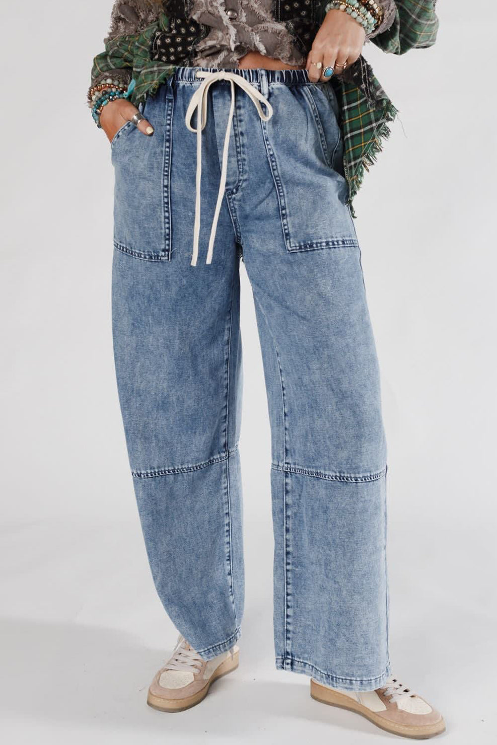 Acid Wash Exposed Seam Drawstring Elastic Waistband Jeans - eAura