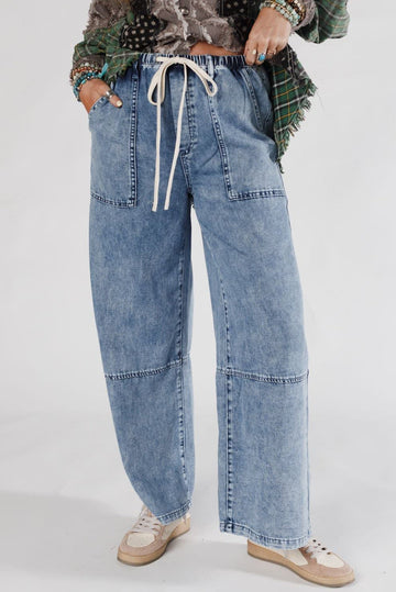 Acid Wash Exposed Seam Drawstring Elastic Waistband Jeans - eAura