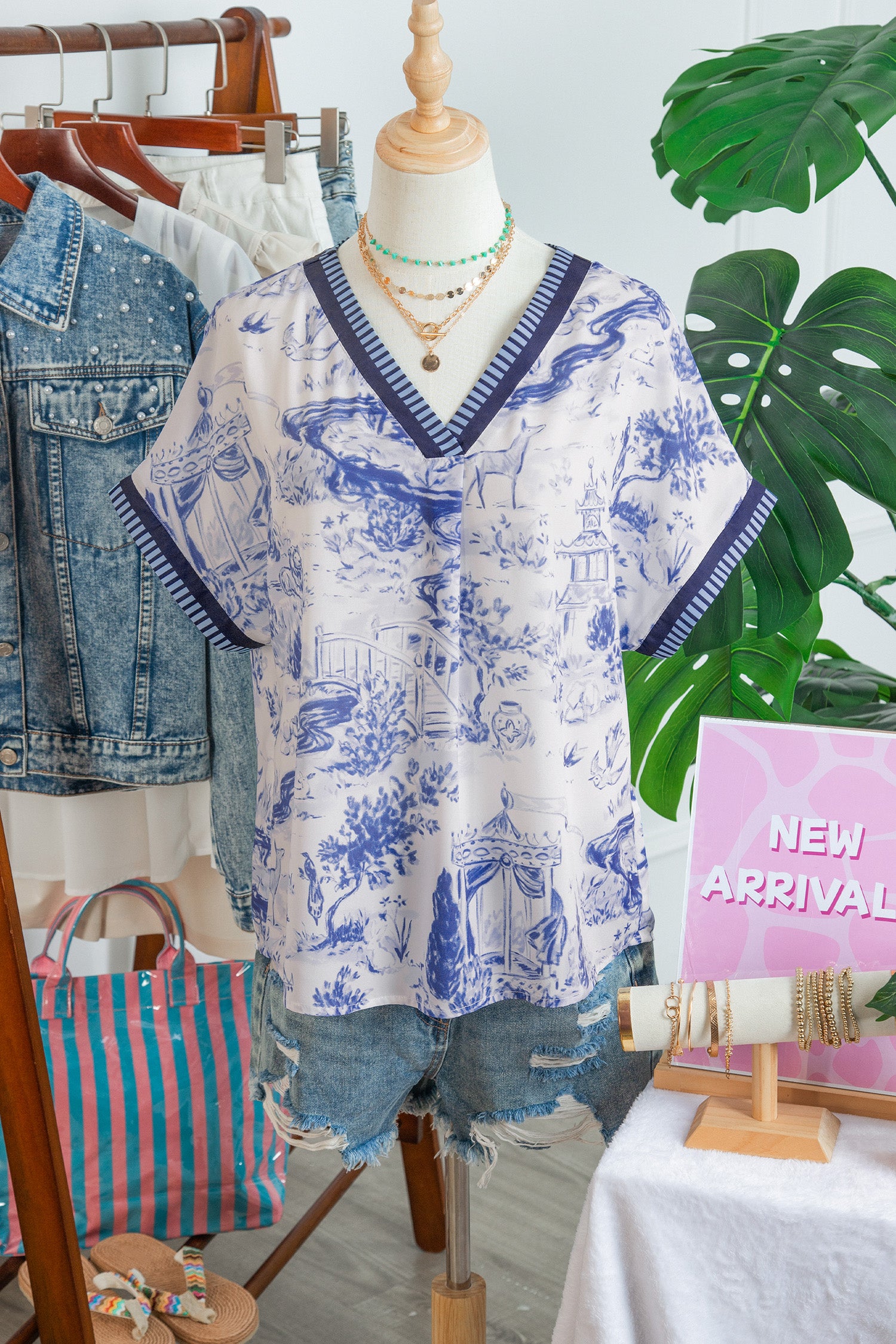 Wild Animal Paradise Striped Trim V Neck Short Sleeve Blouse – Blue