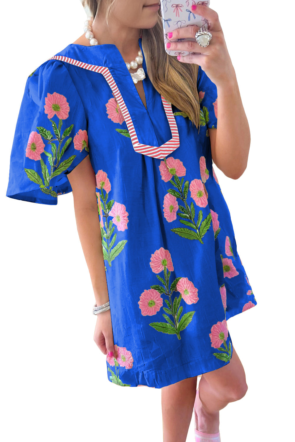 Blue Floral Short Sleeve Split Neck Loose Mini Dress eAura