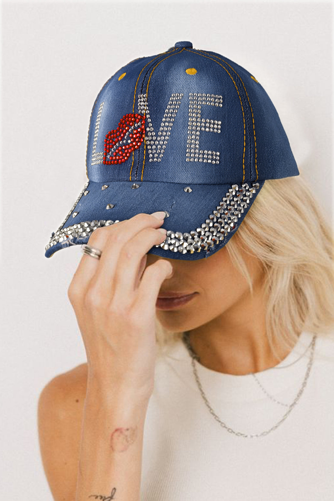 Blue Rhinestone Embellished LOVE Lip Denim Baseball Cap