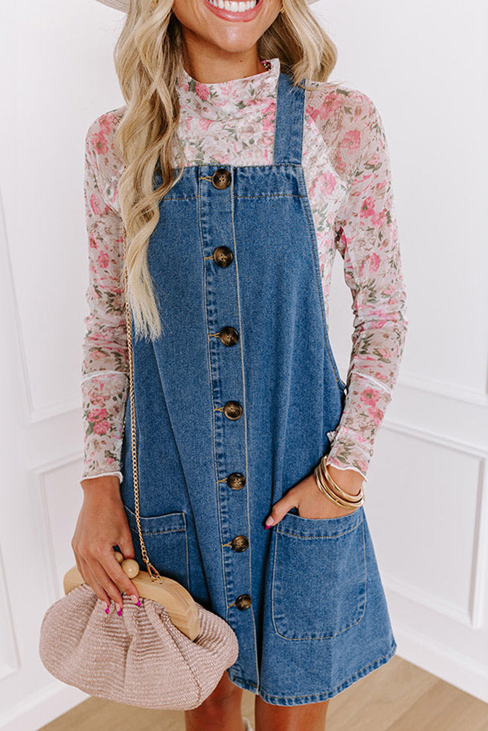 Medium Grey Wide Strap Button Front Pocketed Denim Mini Dress eAura