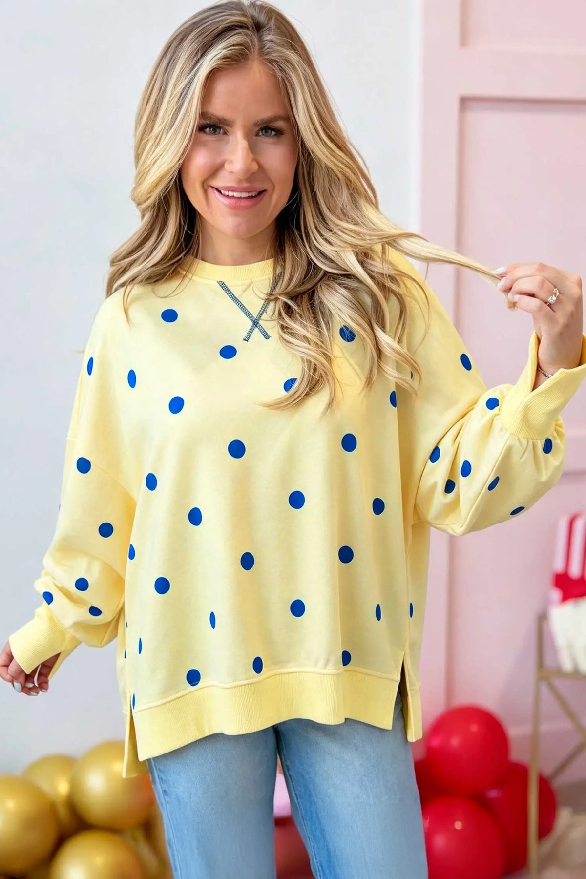Polka Dot Loose Long Sleeve Split Hem Pullover Top – Yellow