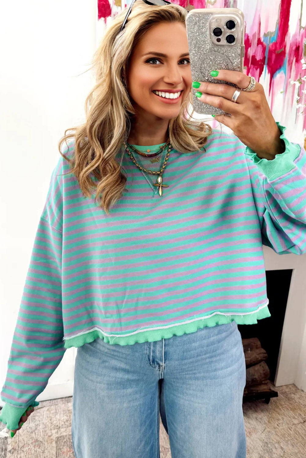 Green Stripe Exposed Seam Contrast Ribbed Trim Boxy Sweatshirt - eAura