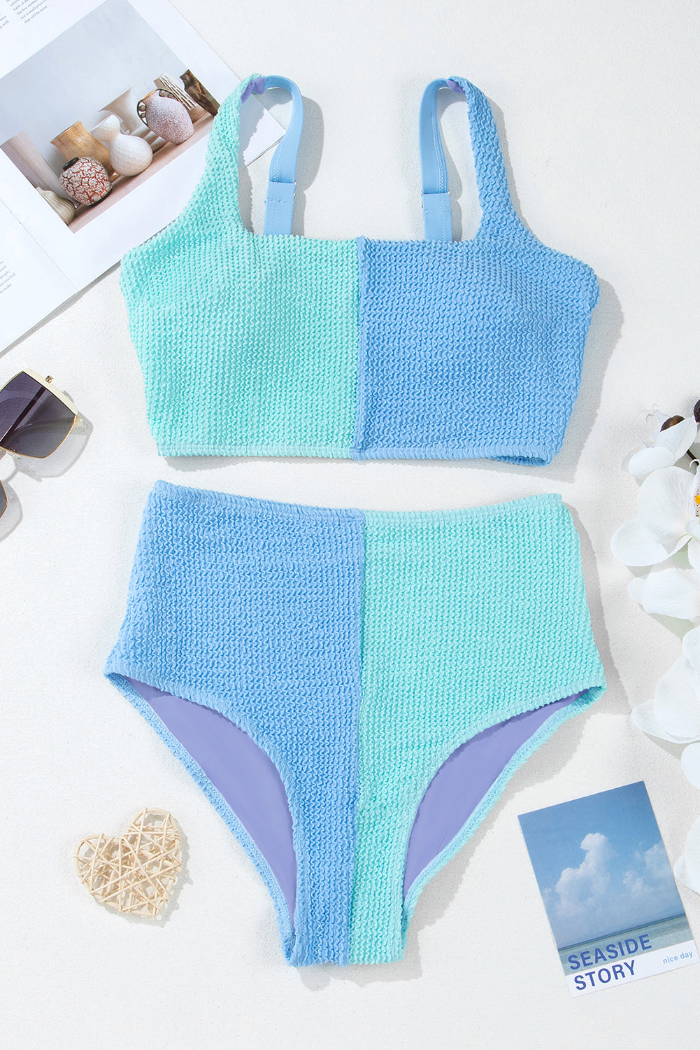 Corded Colorblock Square Neck High Waist Bikini Set