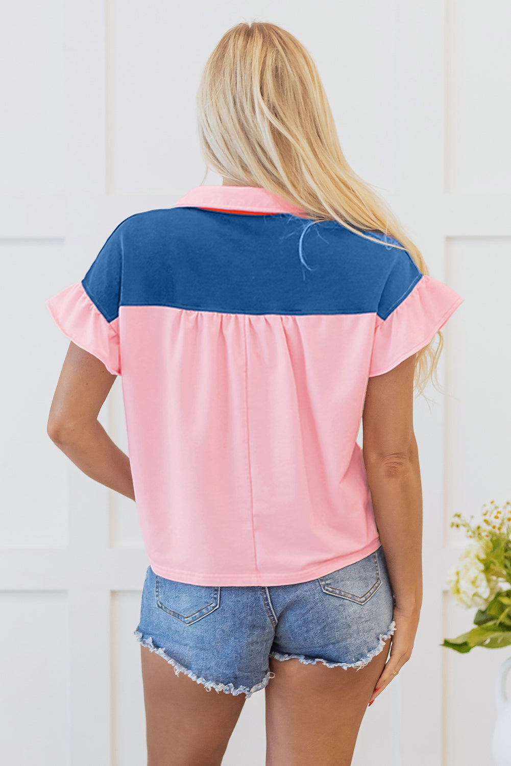 Gossamer Pink Colour Block Half Buttoned Ruffled Short Sleeve T Shirt eAura