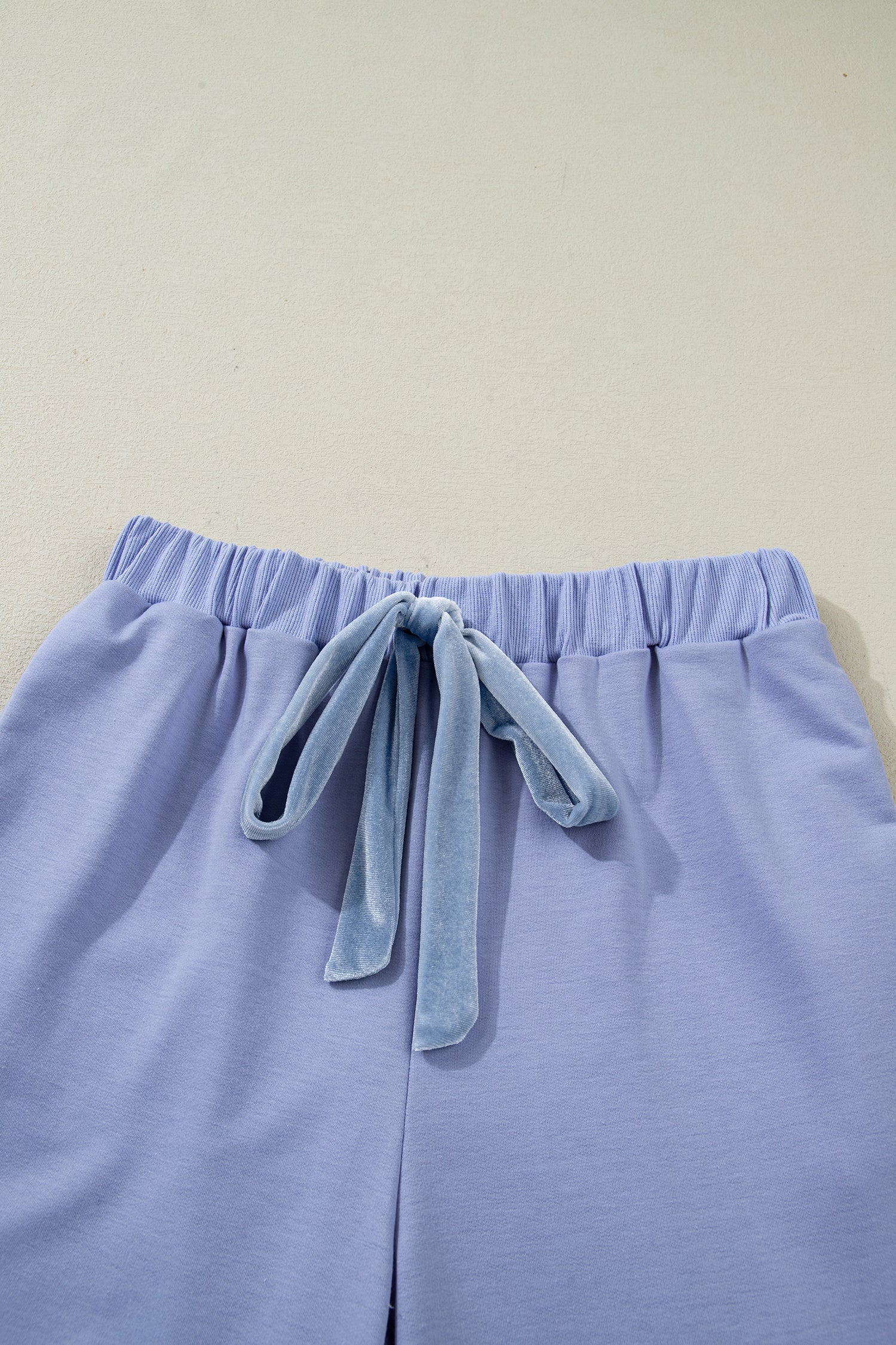 Beau Flounce Long Sleeve Top Drawstring Pants Contrast Velvet Bow Knot 2pcs Lounge Set – Blue