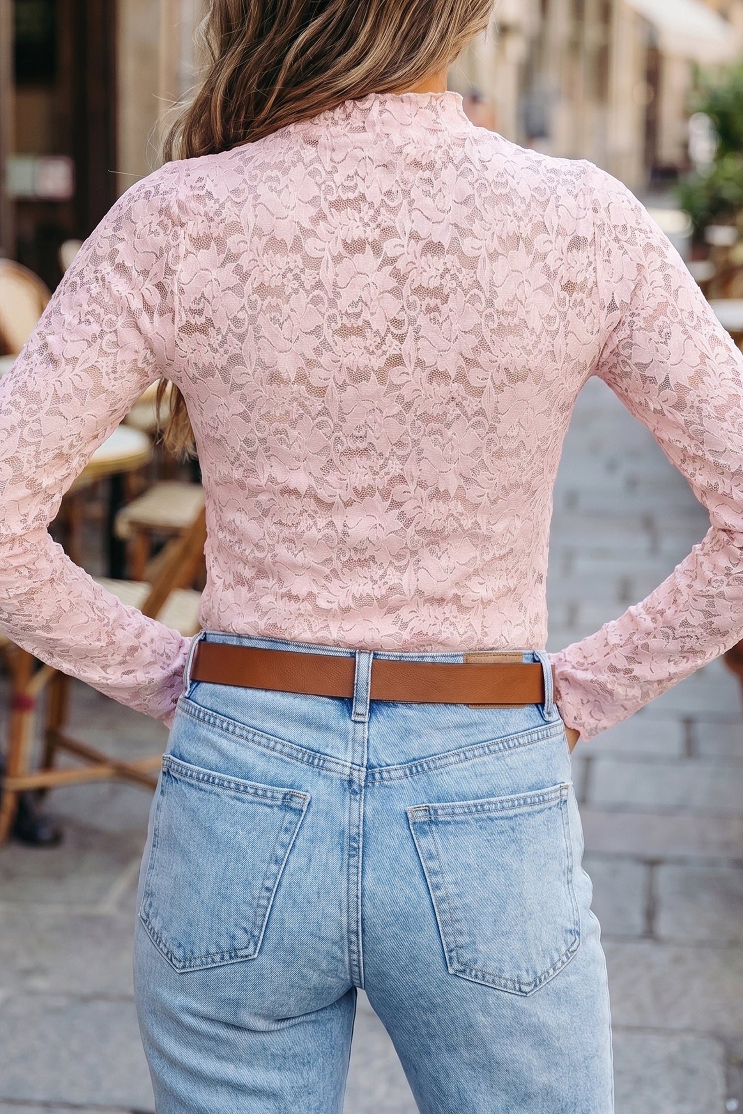 Floral Lace Long Sleeve Stand Neck Pullover Top – Light Pink