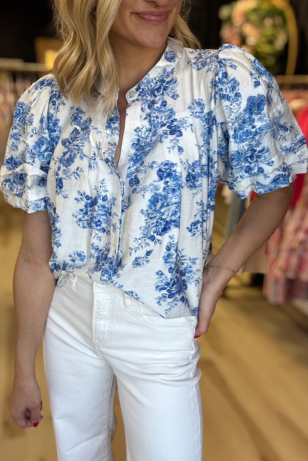 Sky Blue Floral Tiered Puff Short Sleeve Pleated Bust Buttoned Casual Shirt Dear-Lover Dropshipping