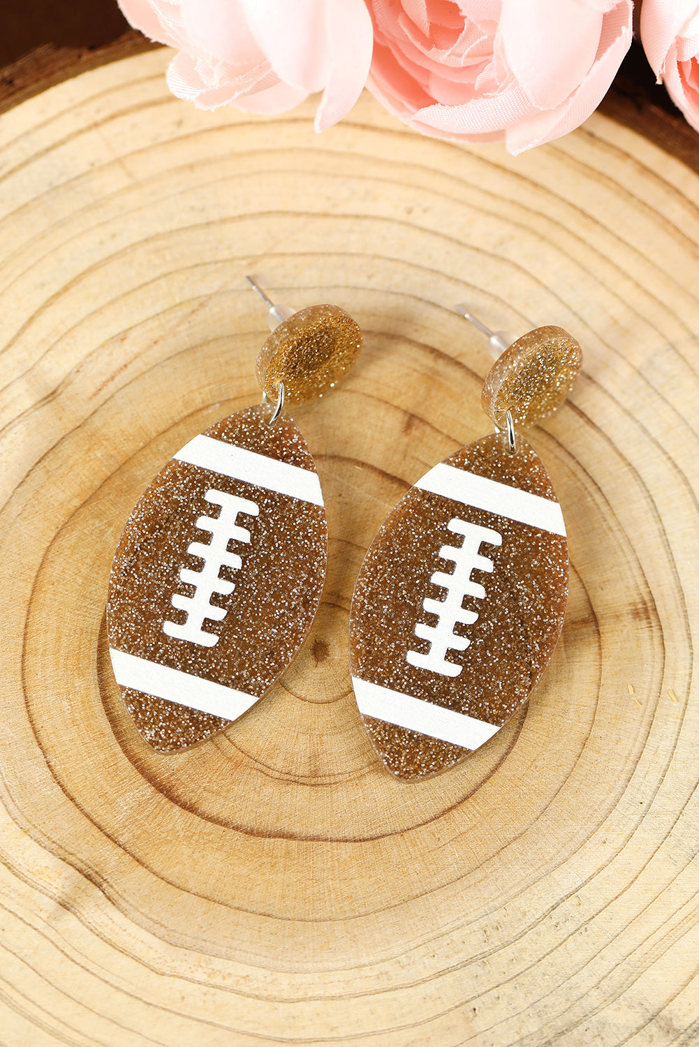 Brown Glittering American Football Dangle Earrings