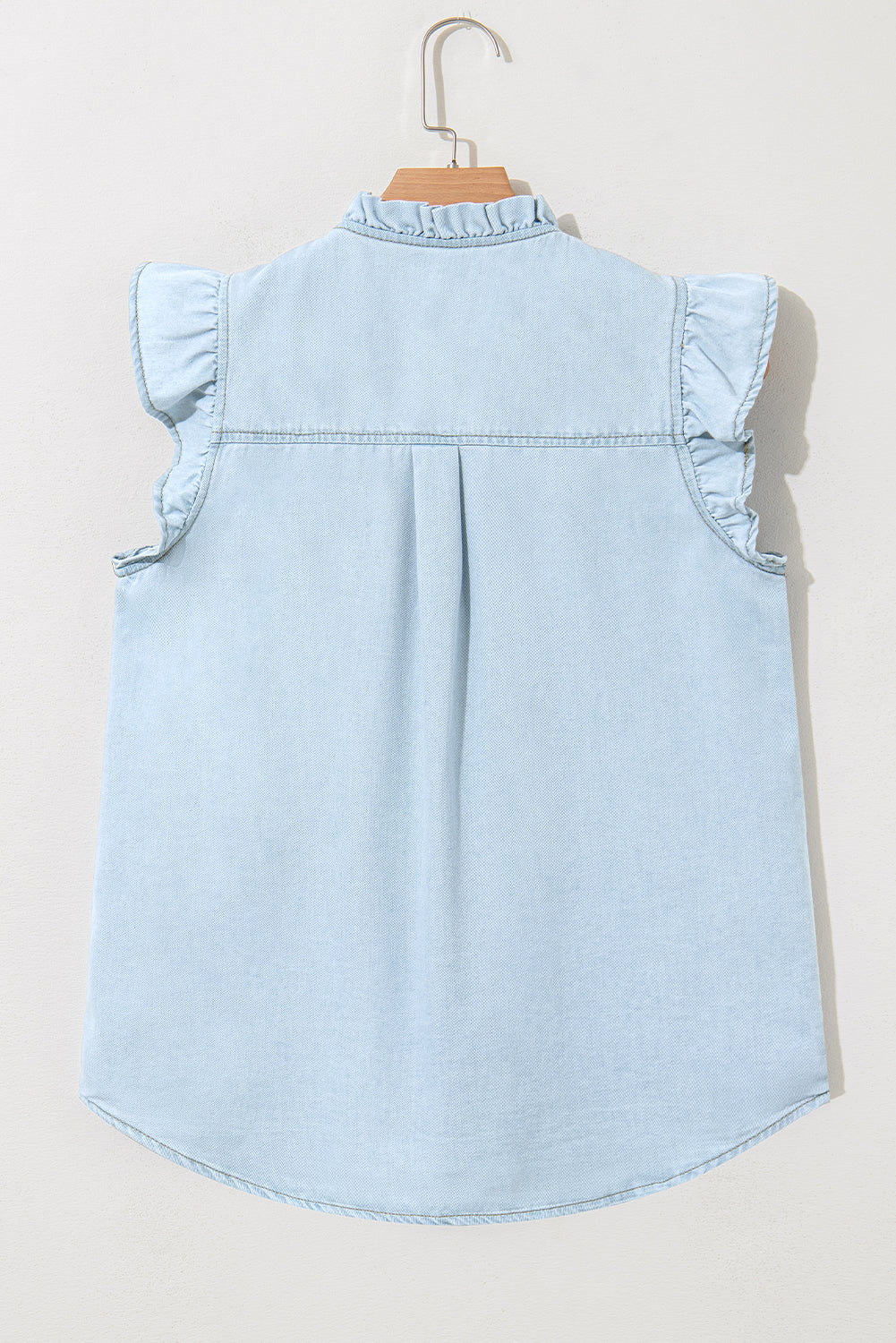 Beau Blue Mineral Wash Cap Sleeve Frilled Button Up Denim Shirt eAura
