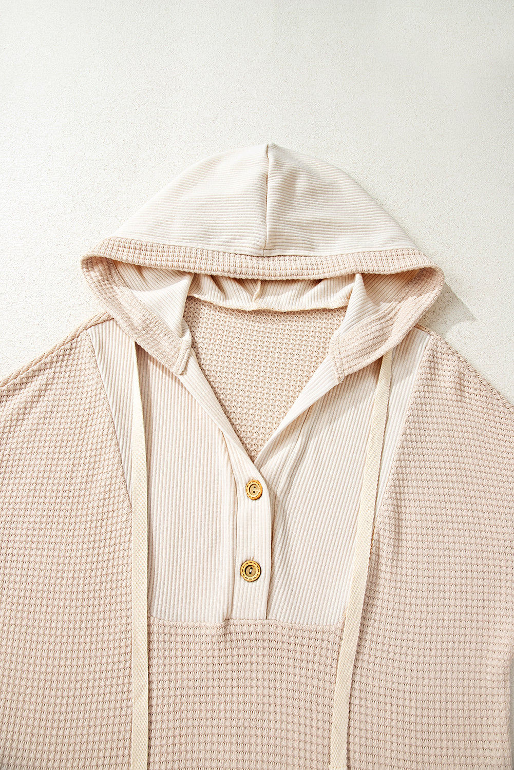 Waffle Patchwork Drop Shoulder Hooded Long Sleeve Top - eAura