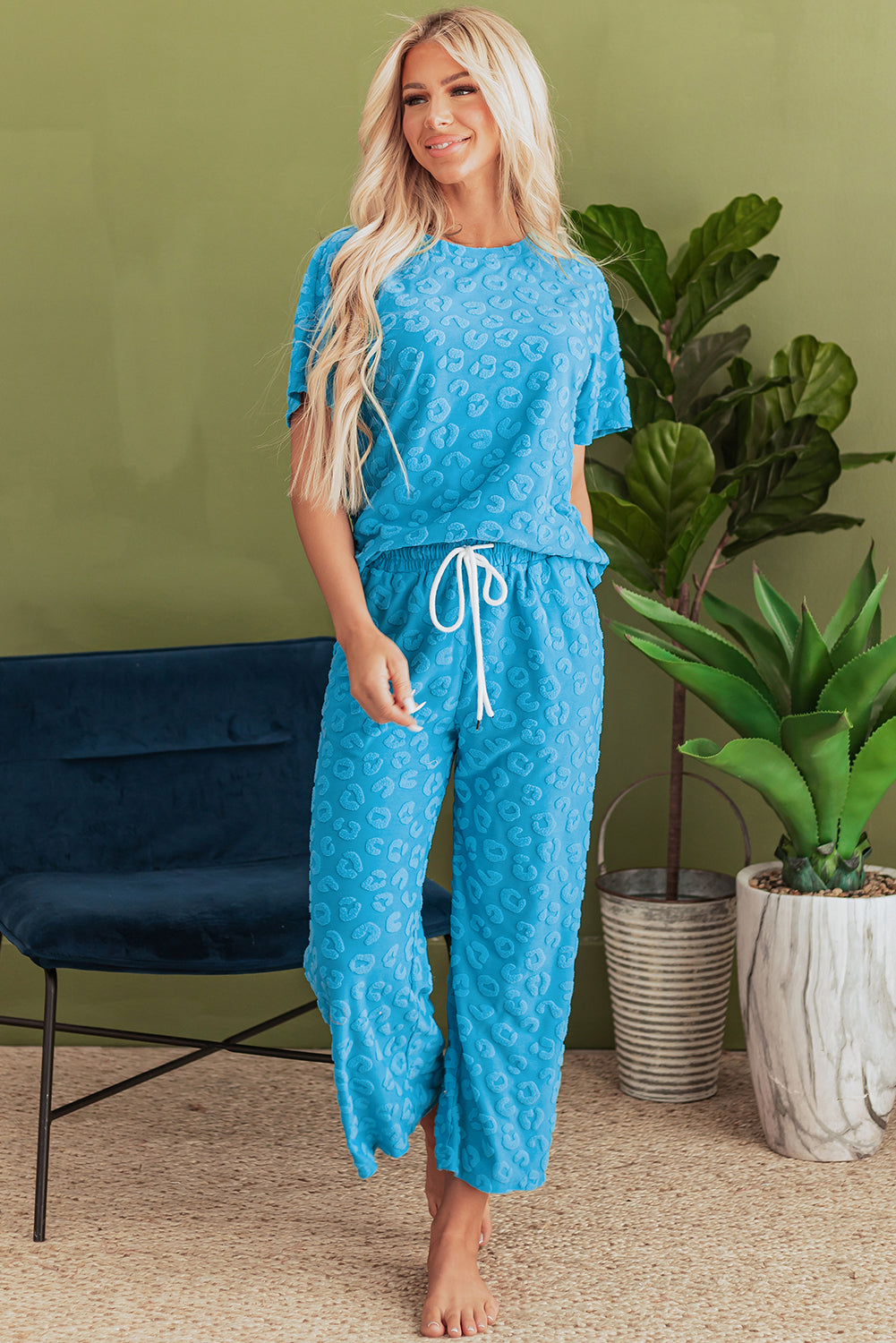 Blue Leopard Jacquard Short Sleeve Top and Wide Leg Trousers Set eAura