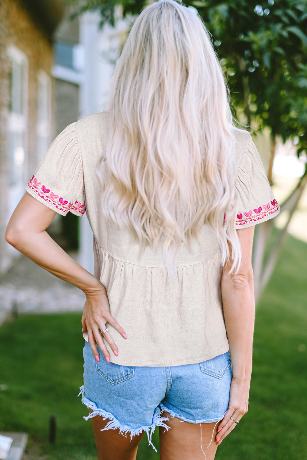 Beige Floral Embroidered Short Sleeve Notched V Neck Blouse eAura