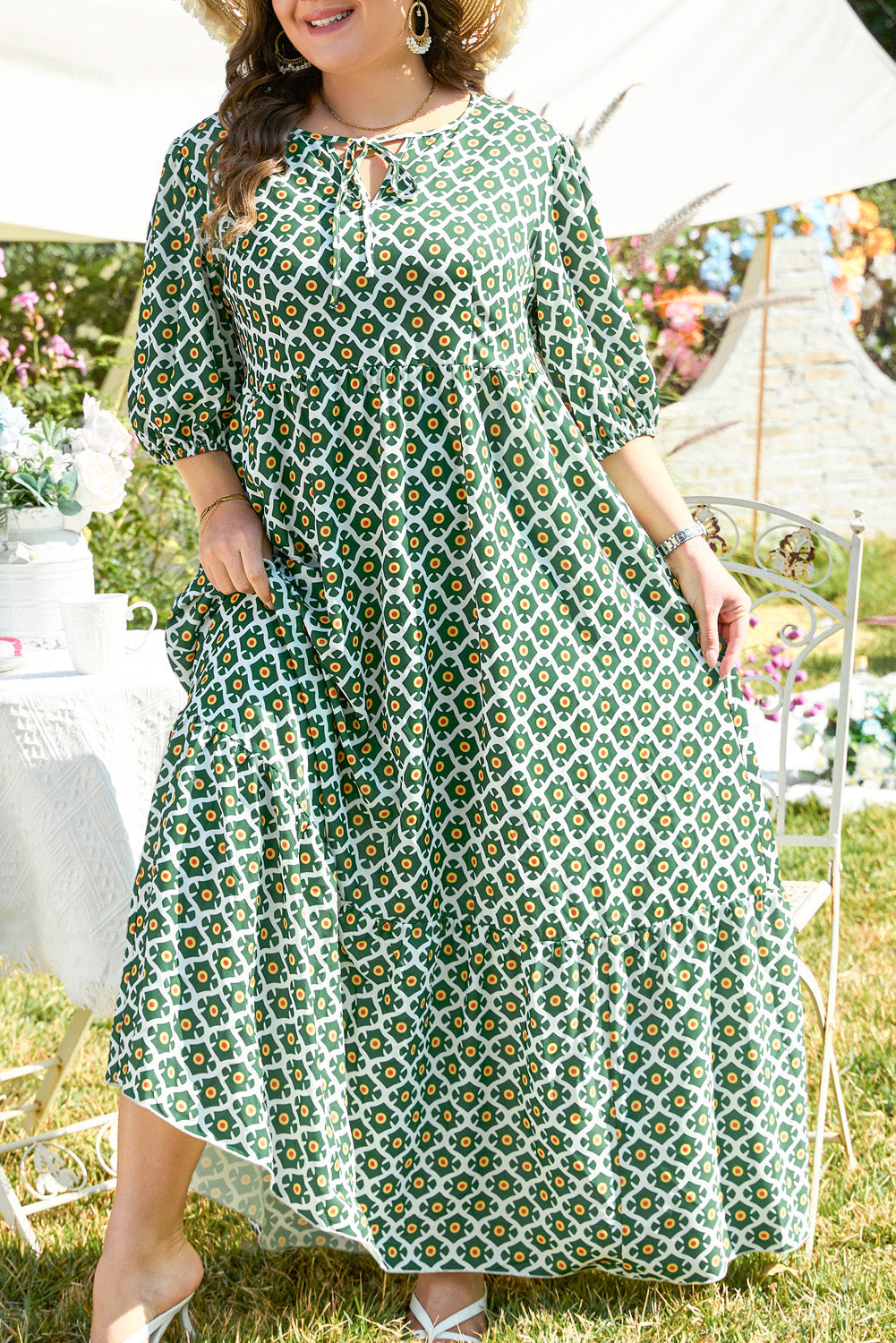 Green Geometric Floral Print Half Sleeve Plus Size Maxi Dress BB Fashion Outlet