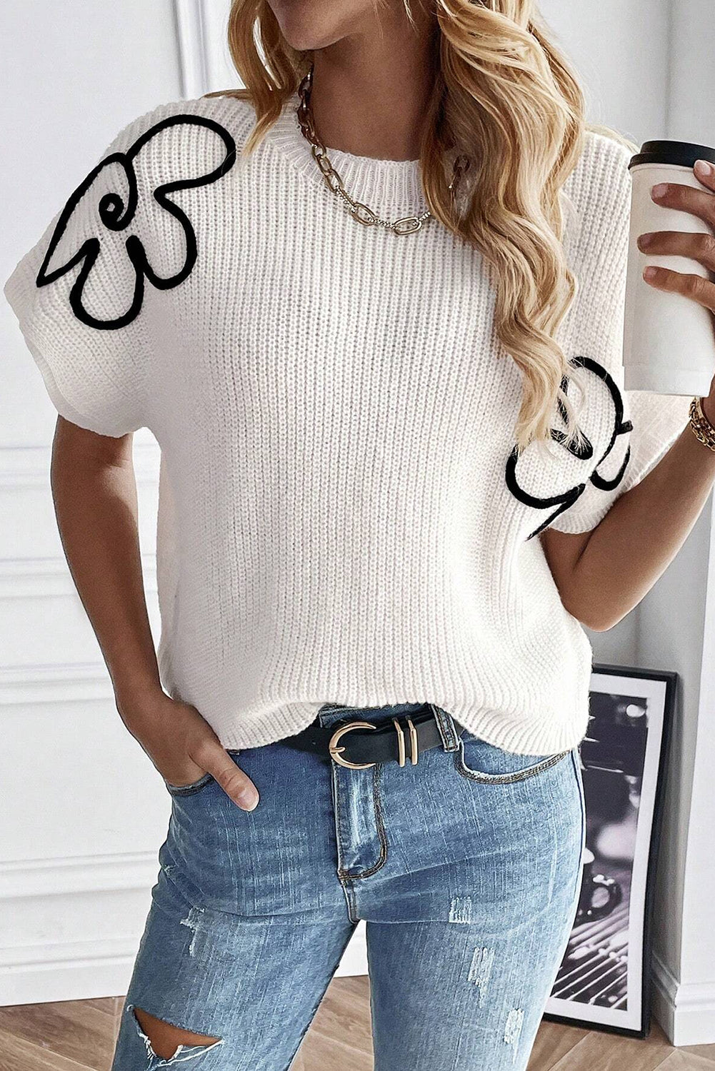 White Flower Embroidery Sweater Top eAura