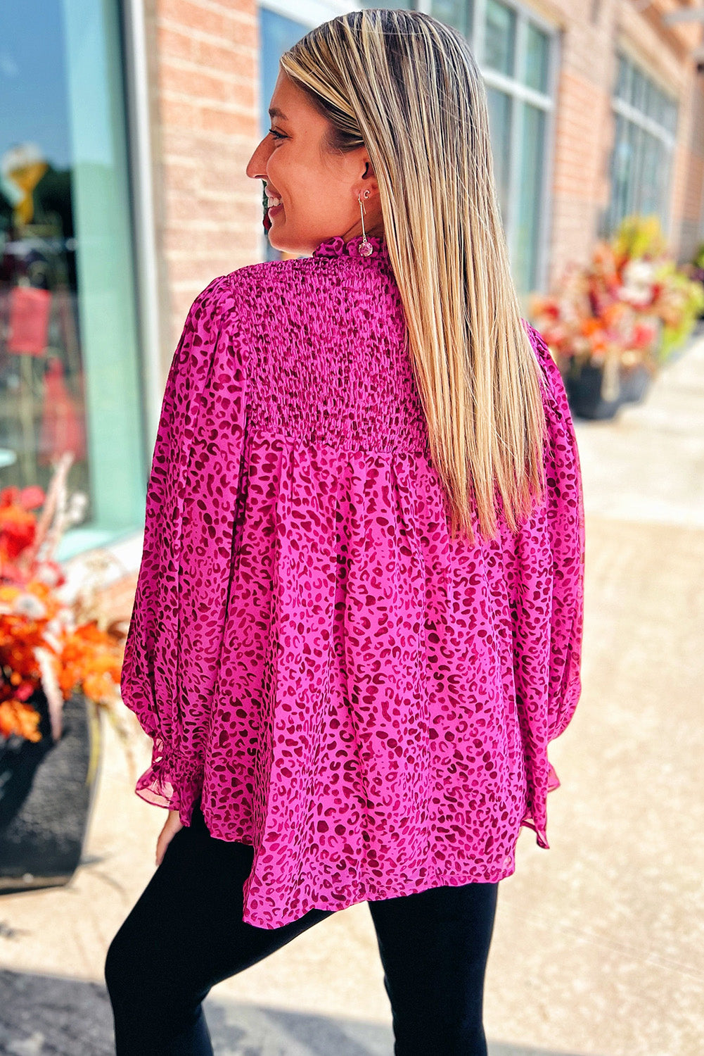 Rose Leopard Shirred Puff Sleeve Flowy Blouse eAura