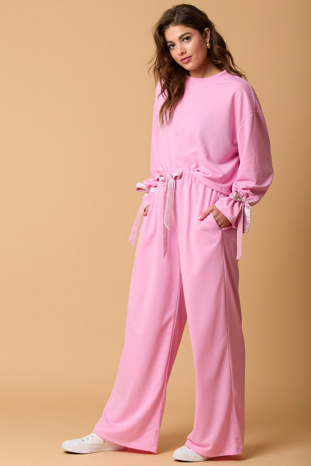 Bonbon Solid Colour Drawstring Long Sleeve Top and Trousers Set eAura